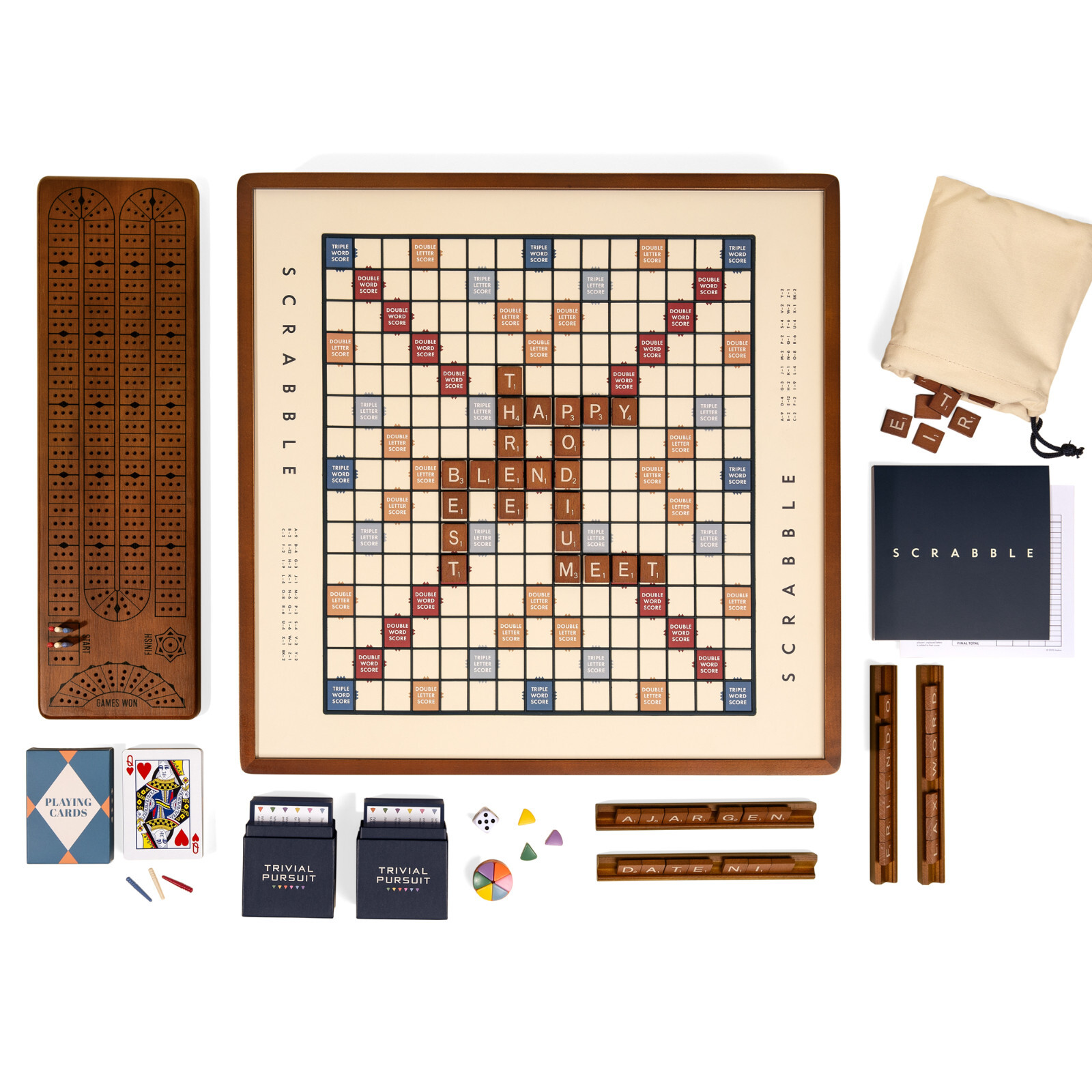WS Game Co. 3-in-1 Premium Game Collection: Scrabble, Trivial Pursuit, Cribbage