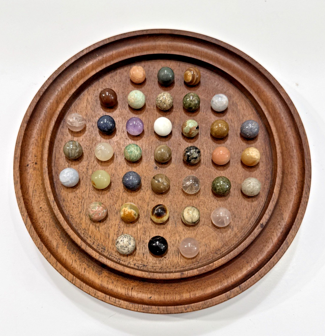 Vintage Wooden Solitaire Game with 37 Semi-Precious Stone Marbles