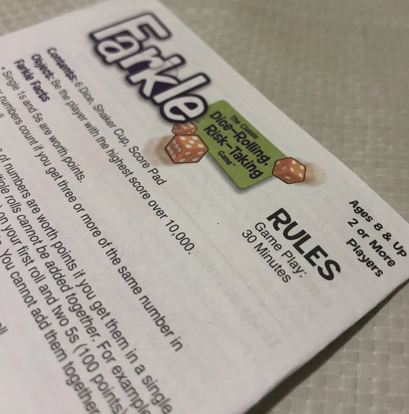 Farkle 2021 Dice Game Instructions Rule Sheet ONLY