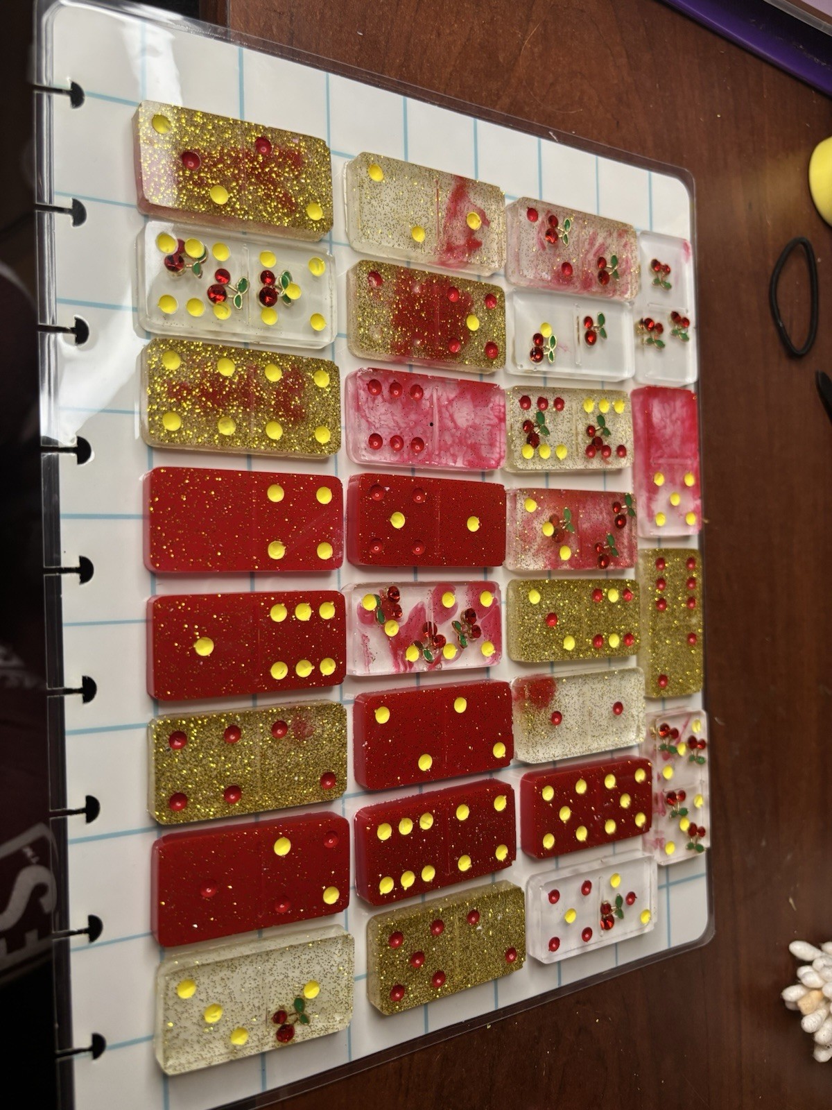 Handmade Resin Dominoes Tile Game Set Red Pink Gold White Glitter, 2+ 17+