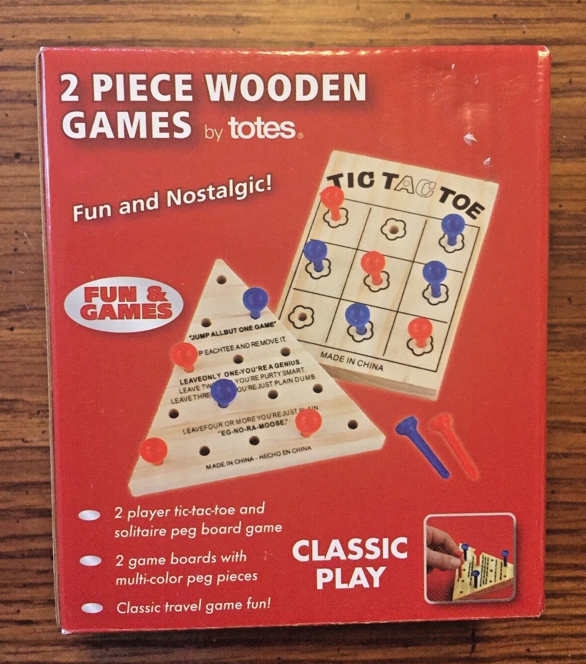 2 Piece Wooden Games By Totes Tic-Tac-Toe & Solitaire Mini Travel Peg Boards New