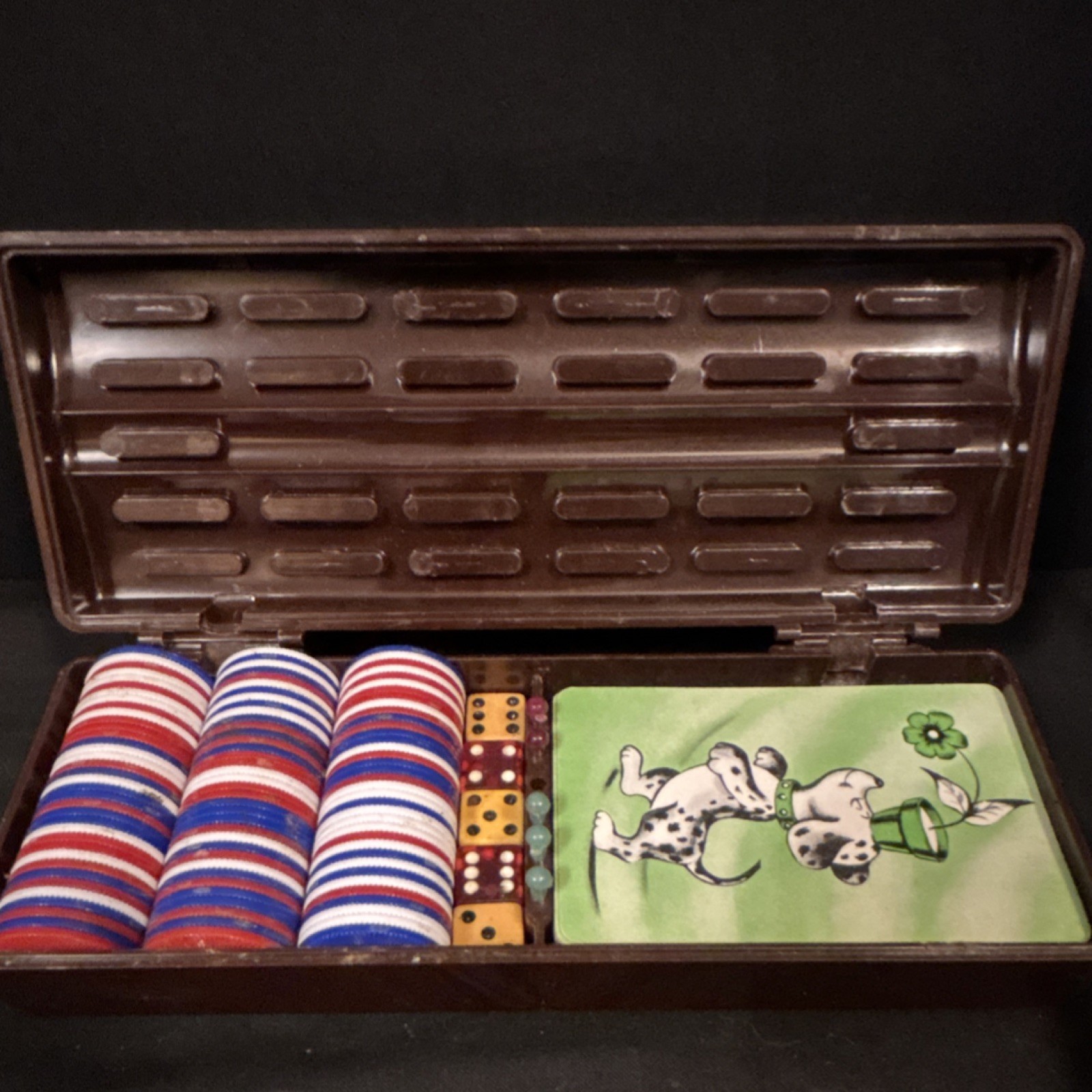 Vintage Poker Set Red White Blue Chips Dice Cards Brown Case cribbage pegs READ