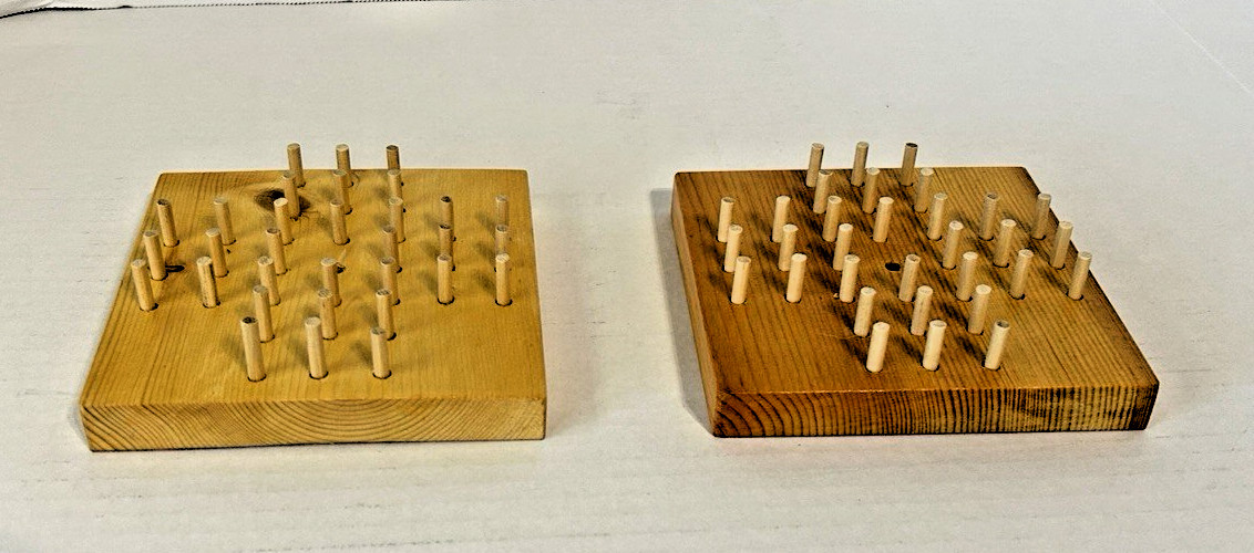 2 Vintage Handmade Wooden Peg Game Boards and 64 Wooden Pegs