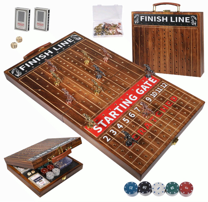 Wooden Finish Line Horse Racing Game with 11 Metal Horses, Dice, Cards Set Box