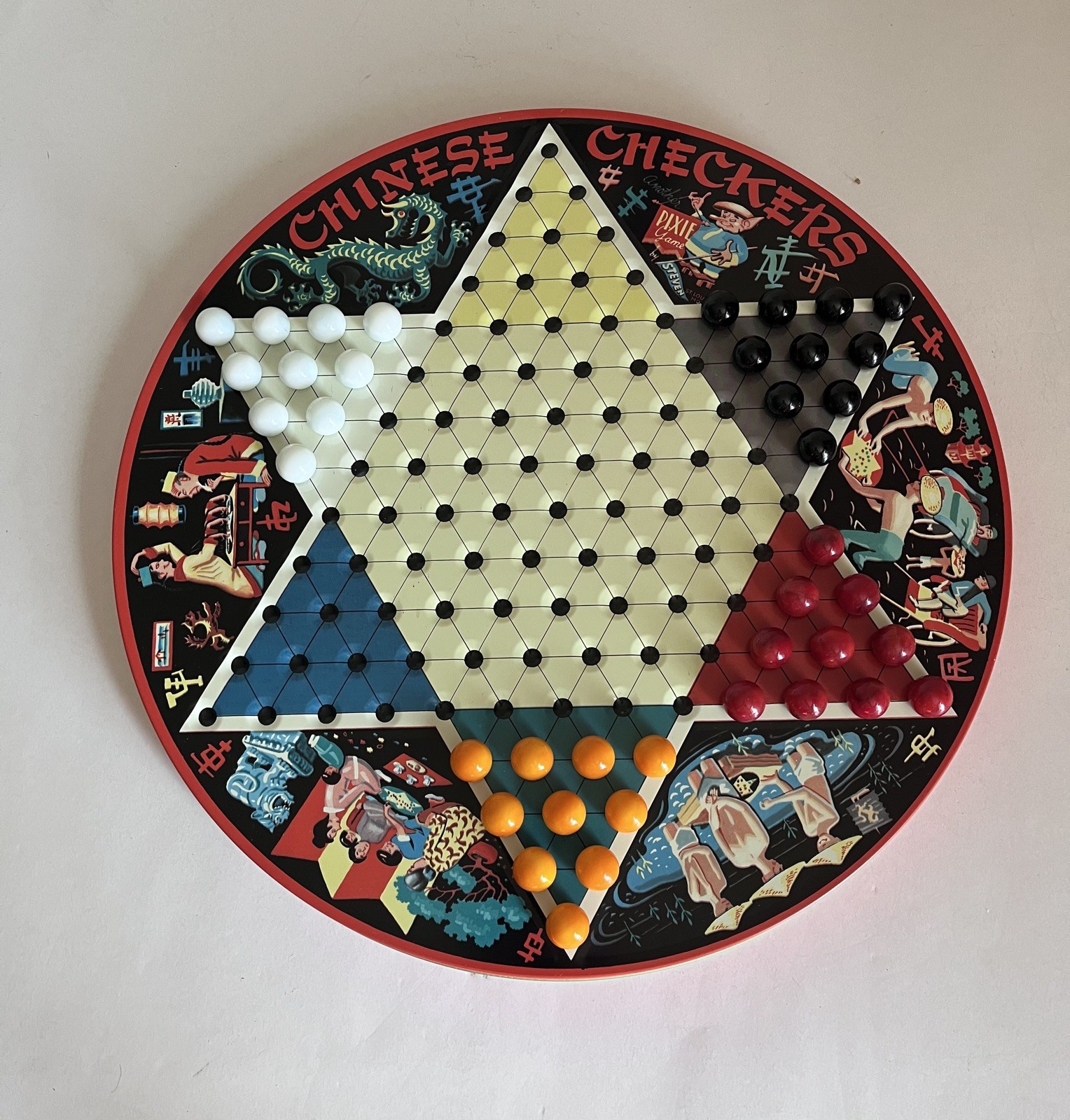 Vintage Chinese Checkers Pixie Game by Steven St Louis Box w/Colorful Marbles
