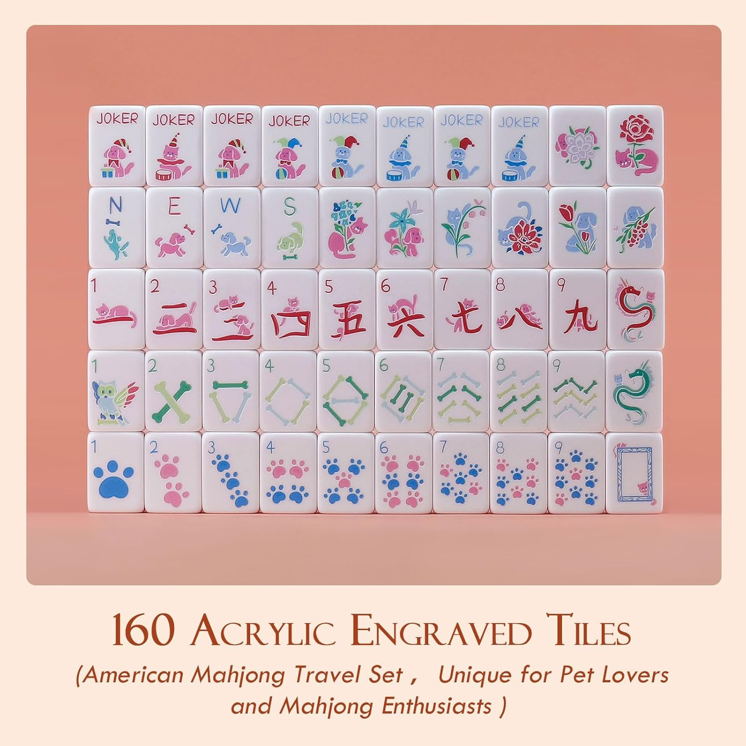 Dogs and Cats Themed Mahjong Tile Set – 160 Acrylic Engraved Tiles & American Ma