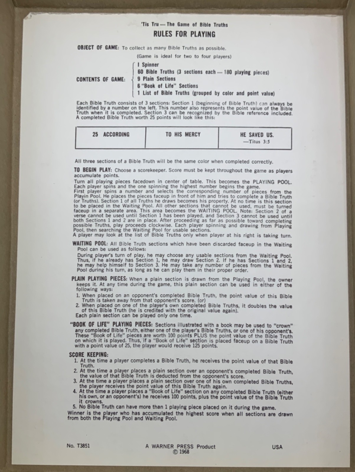 1968 Warner – TIS TRU – THE GAME OF BIBLE TRUTHS- T3851 – Christian Fellowship
