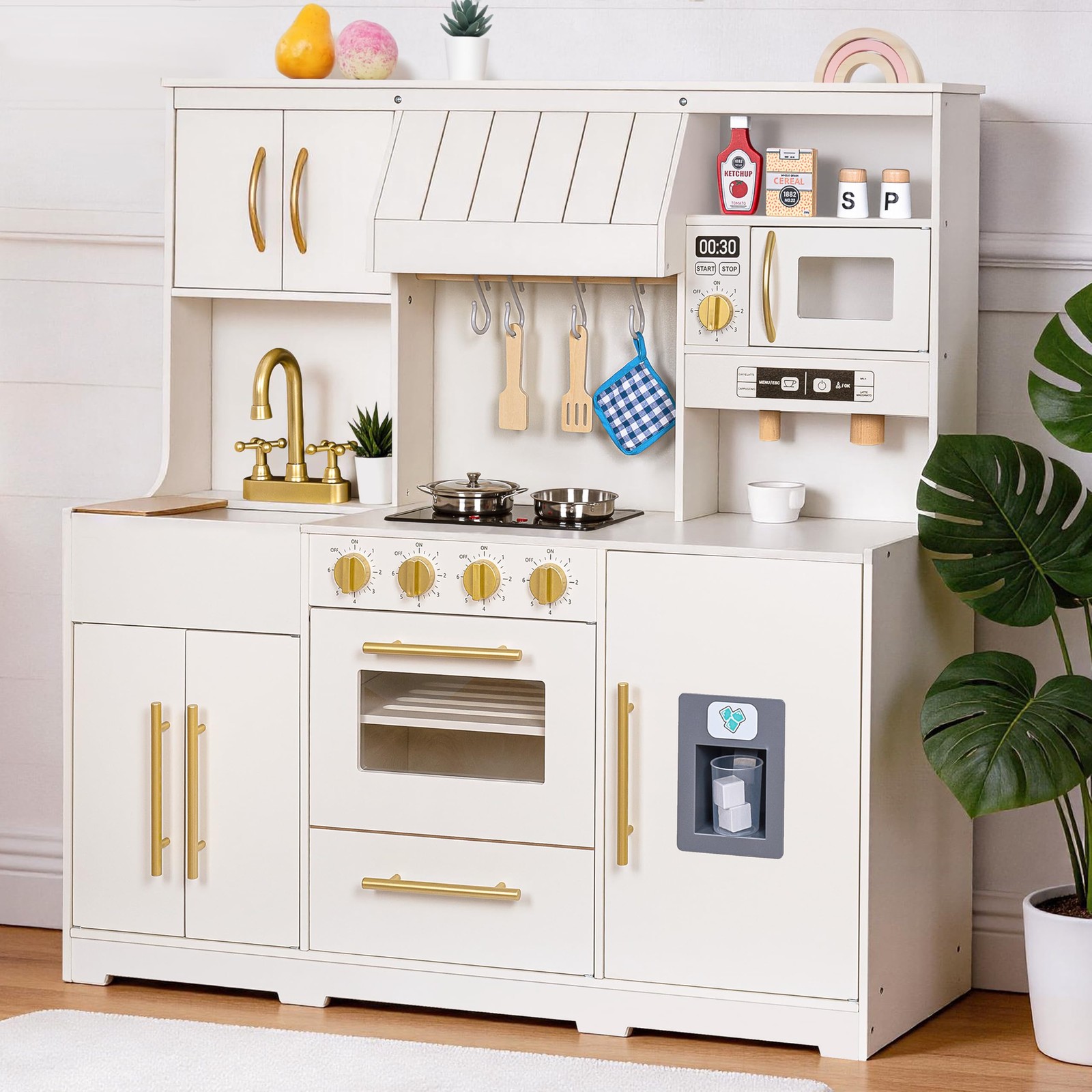 Kids Kitchen Playset Wooden Realistic Lights Sounds 19 Accessories Warm White