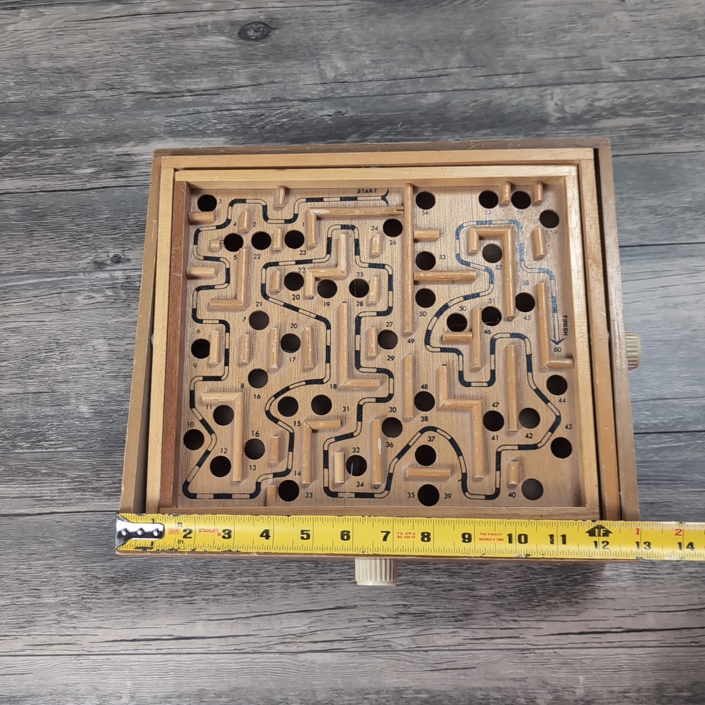 Vtg 1960s Marble Labyrinth Wood Tilt Maze 2 Knob Game Missing Ball 13×11.5″