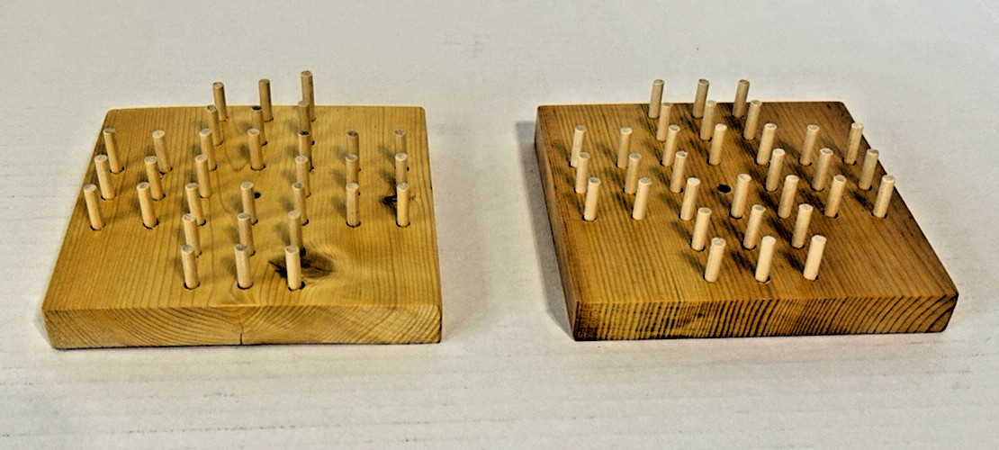 2 Vintage Handmade Wooden Peg Game Boards and 64 Wooden Pegs