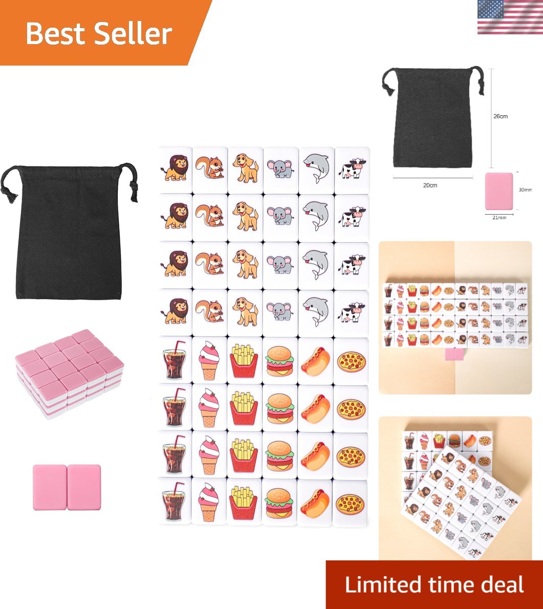 2 Players Mahjong Block Set, Mahjong Tile Game with 50 Pink Tiles30mm Animal…