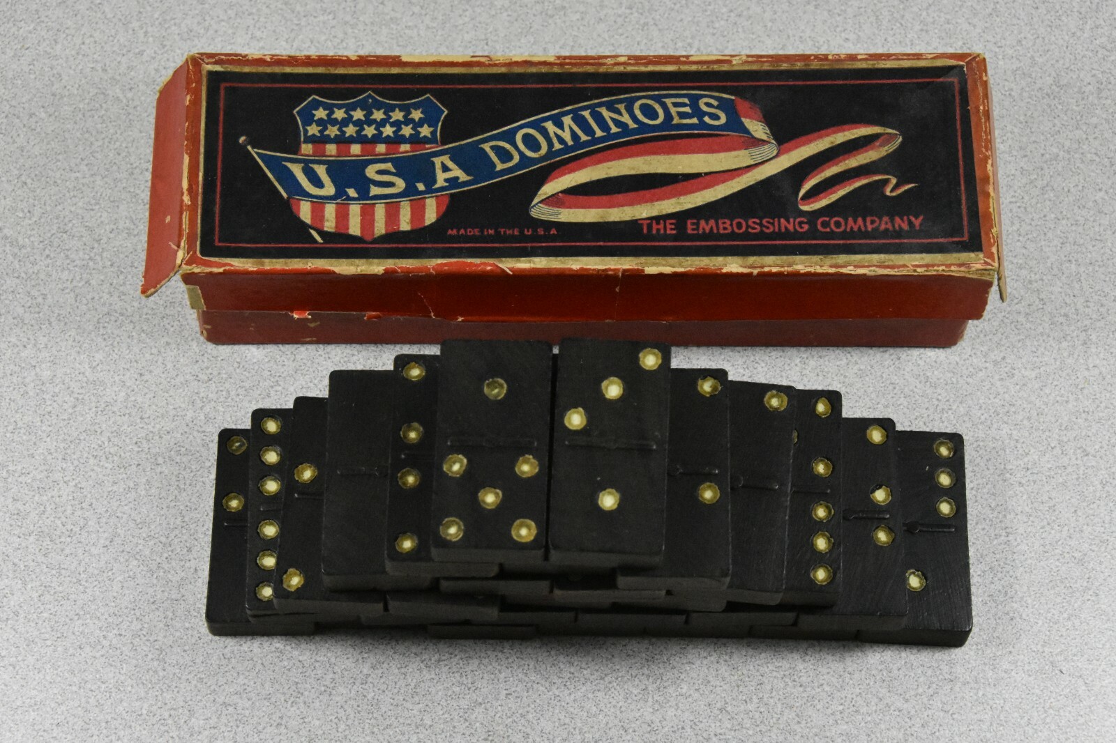 Vintage Patriotic USA Flag Embossed Dominos Game in Original Box – Incomplete 20