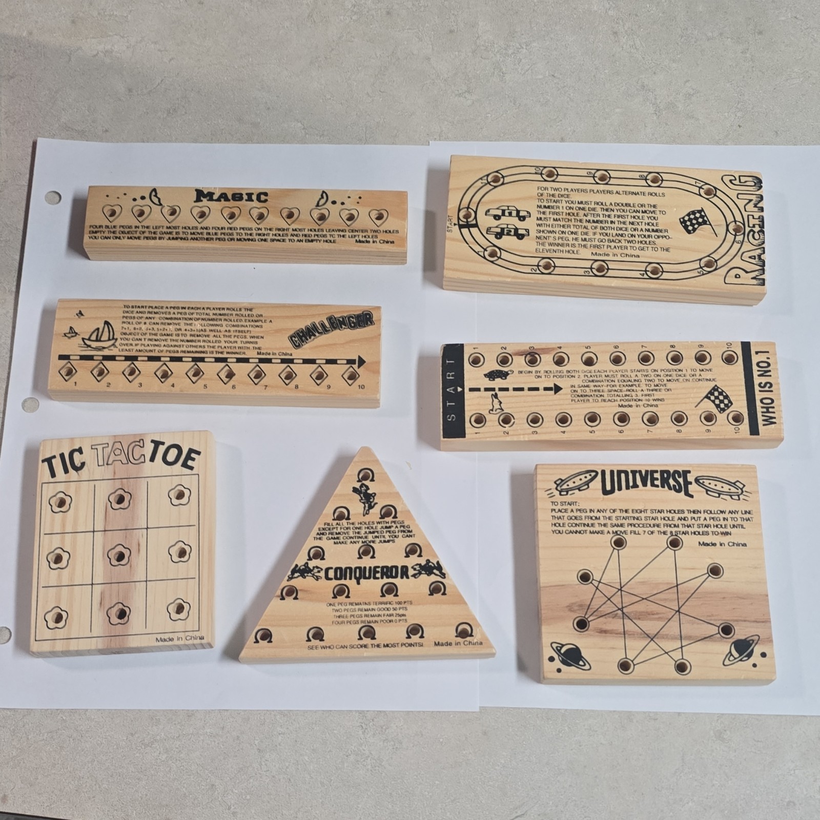 7 Wood Mind-Teaser Games Wooden Puzzle Set in Tin w/ Dice & Pegs
