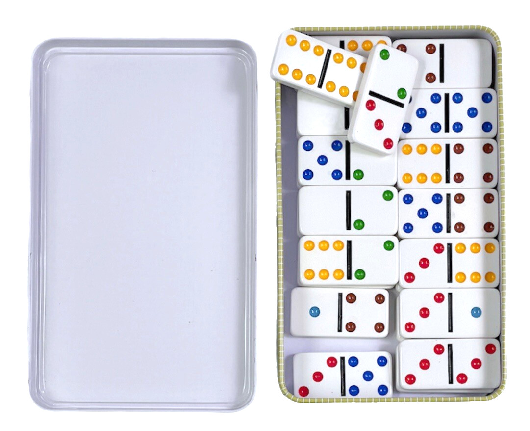 Double Six Jumbo Dominoes Colored Dots in Yellow Tin Storage Box *READ*