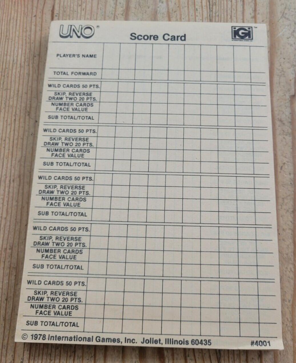 New Vintage 1978 UNO Game Score Pad 100 Double Score Cards Sheets #4001 iGi NOS