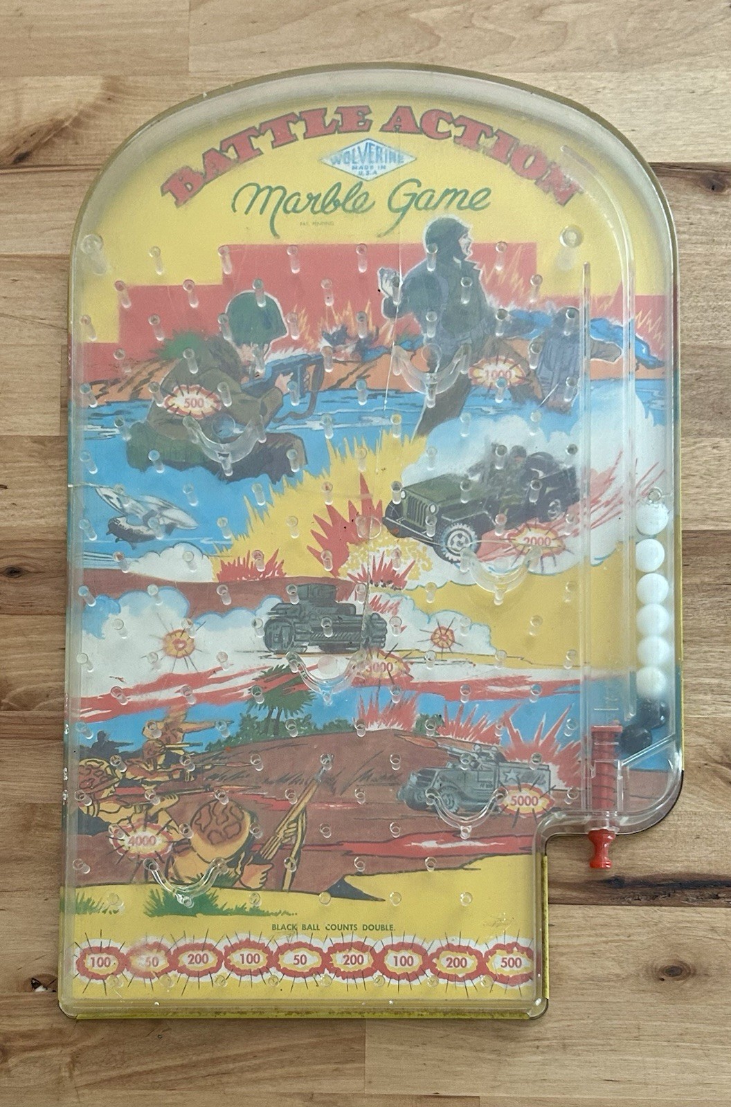 VTG 50’S Wolverine Toys BATTLE ACTION MARBLE GAME Tabletop Pinball 16” x 10”