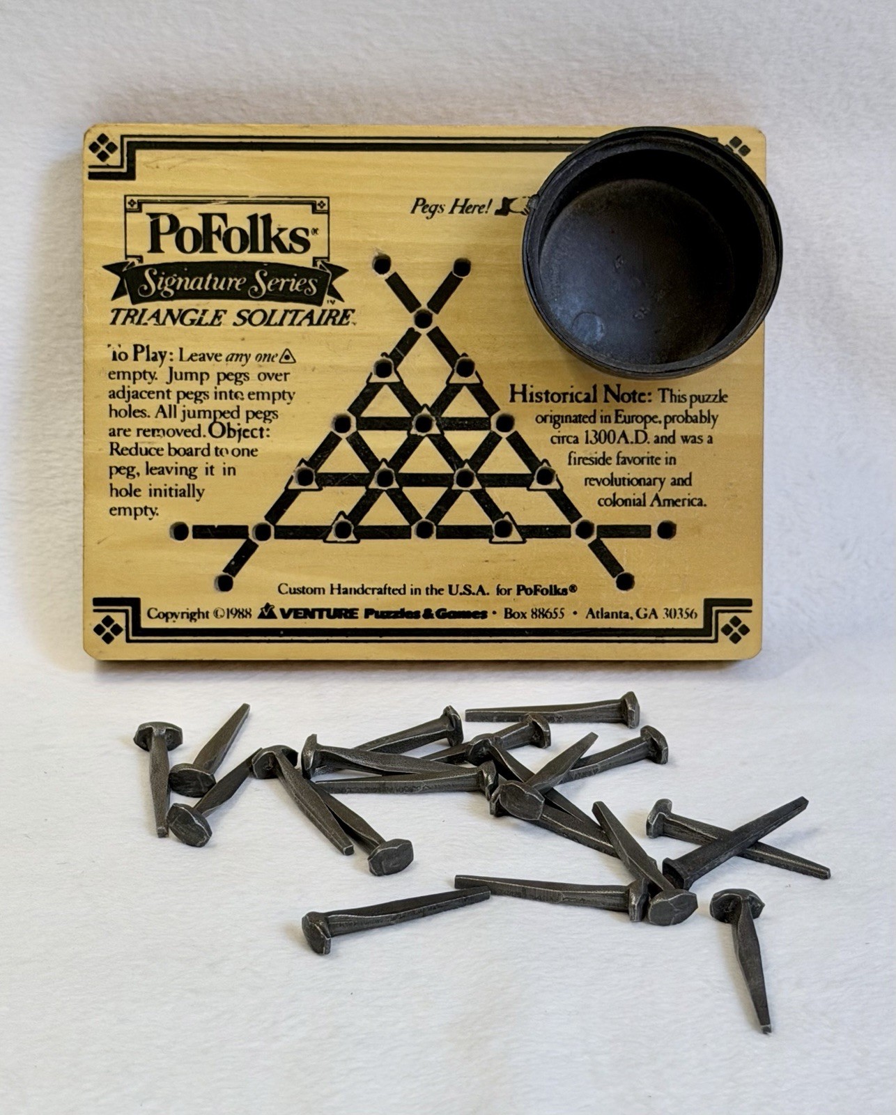 1988 PoFolks Signature Series Triangle Solitaire Handcrafted Wood Peg Game Board