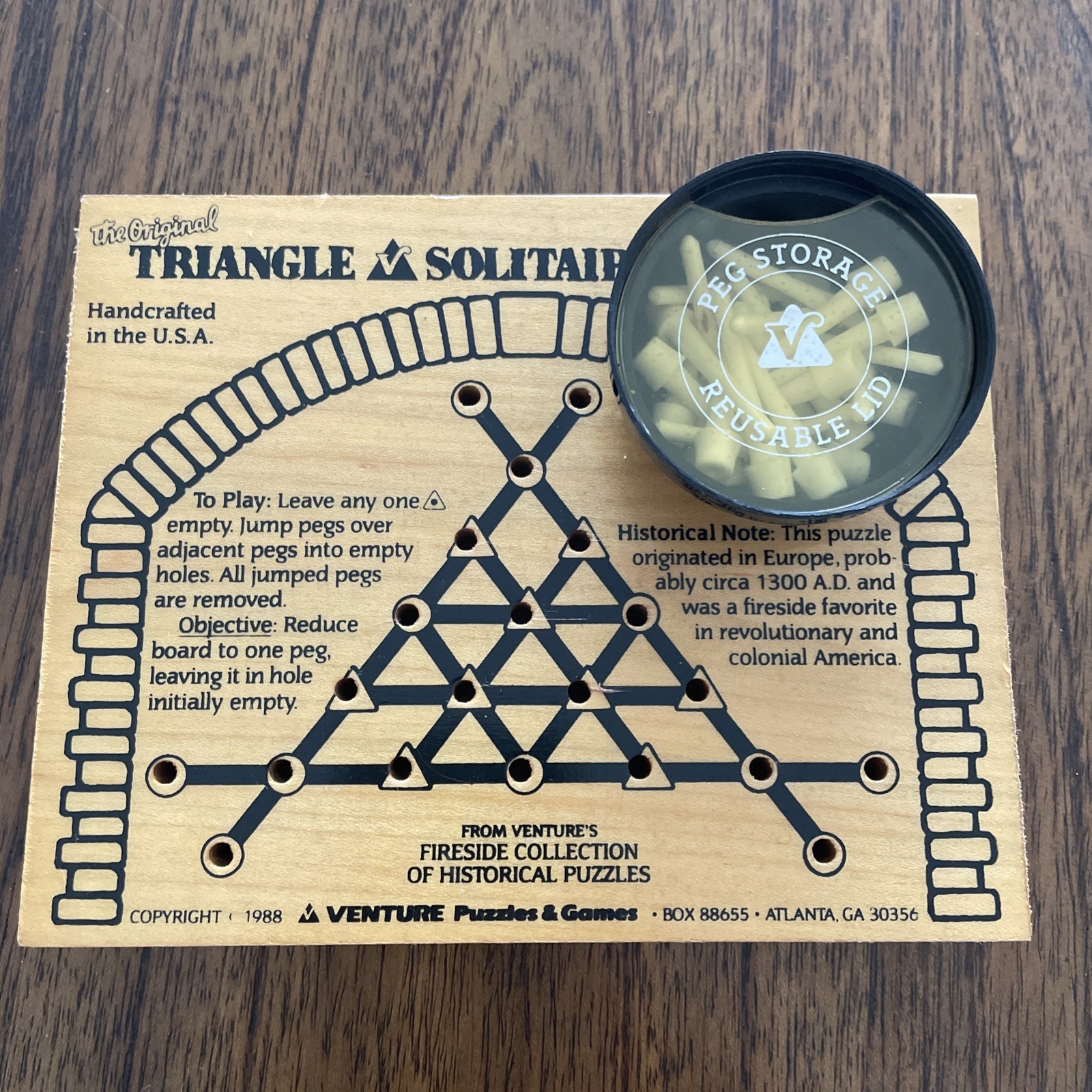 The Original Triangle Solitaire Game Venture’s Fireside 1988 Wood Board