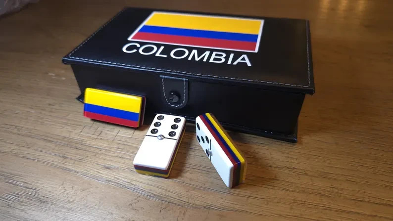 Colombia Jumbo Domino Set, Double 6, Metal Spinner, Leather Case