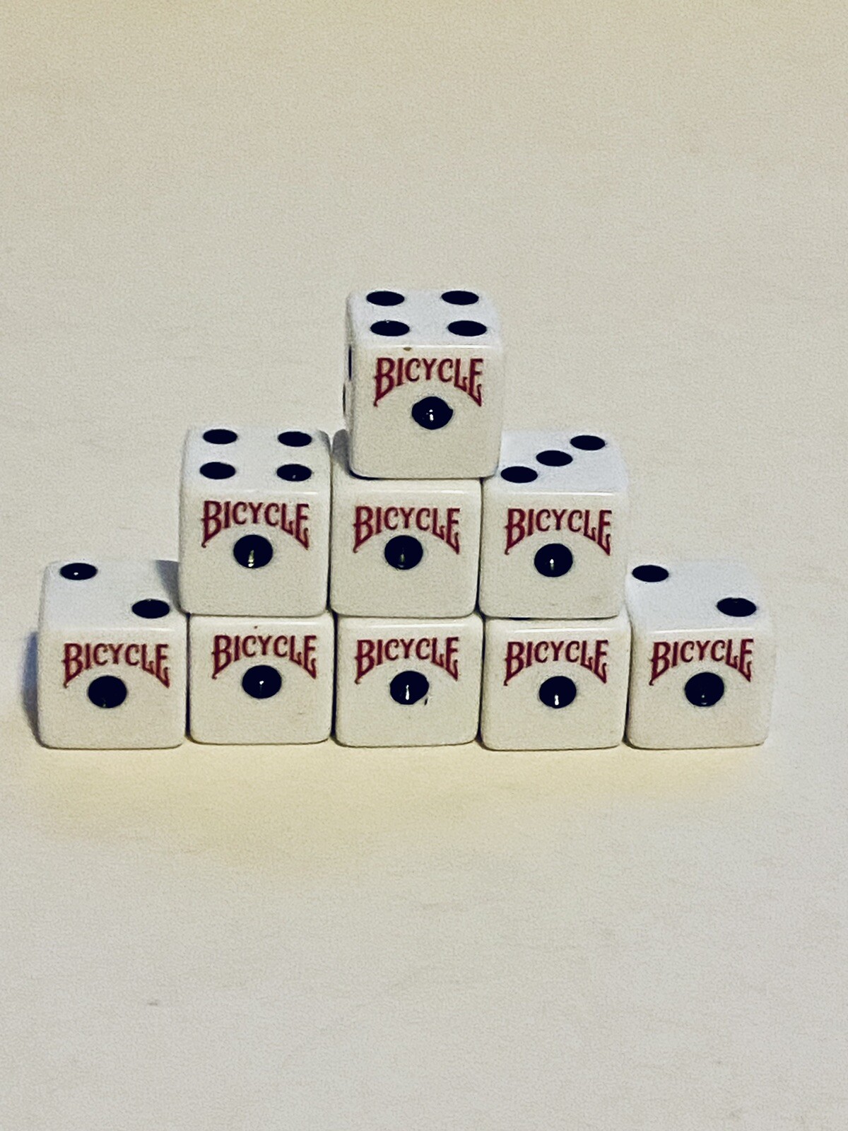 Lot Of 9Bicycle Branded 6 Sided Dice 16mm Standard Size White Plastic Black Pips