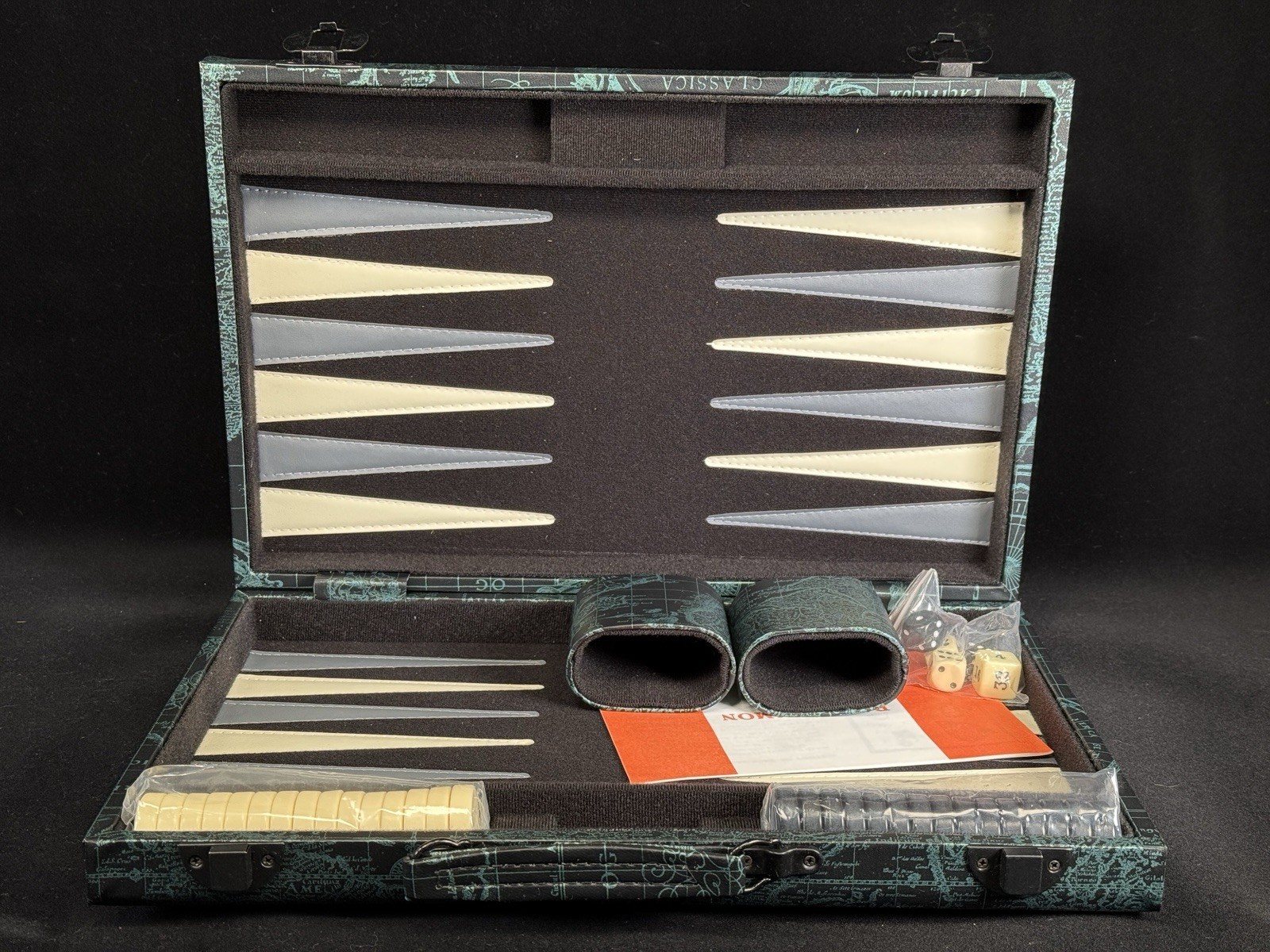 WE Games Map Pattern Gray/Black Leatherette Backgammon Set 10 X 15” Closed