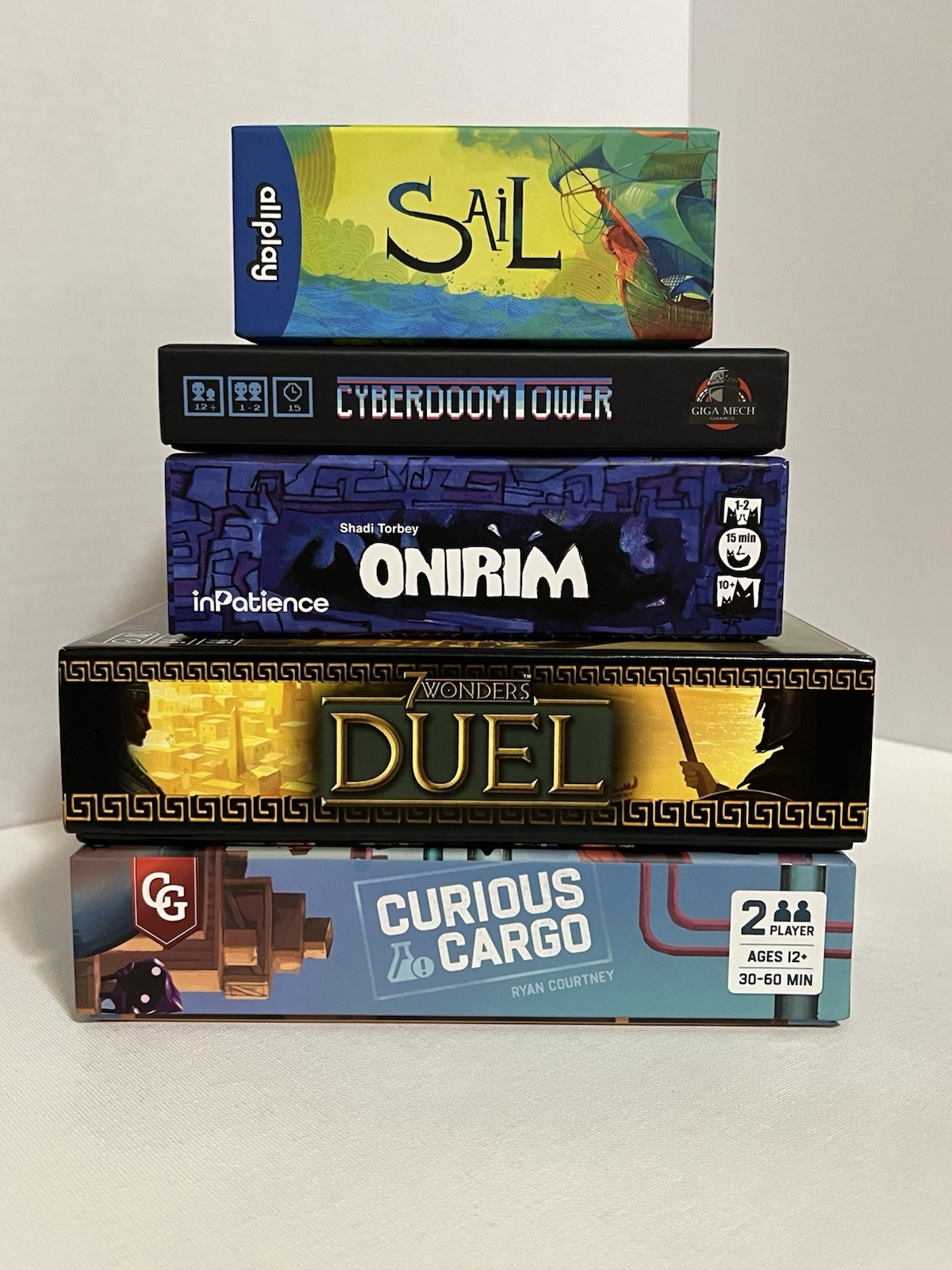 Barely Used 2Player Board Game Lot Sail 7 Wonders Duel Curious Cargo Onirim Doom