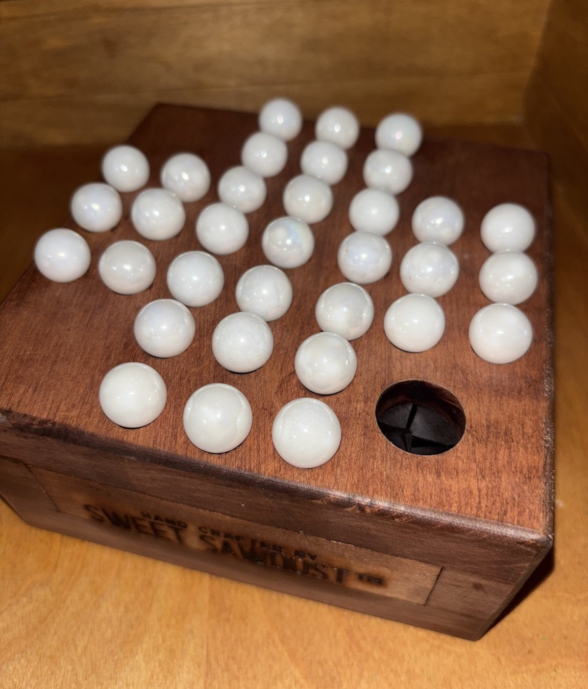Vintage Handmade Marble Solitaire Game Solid Wood Board White Glass Marbles