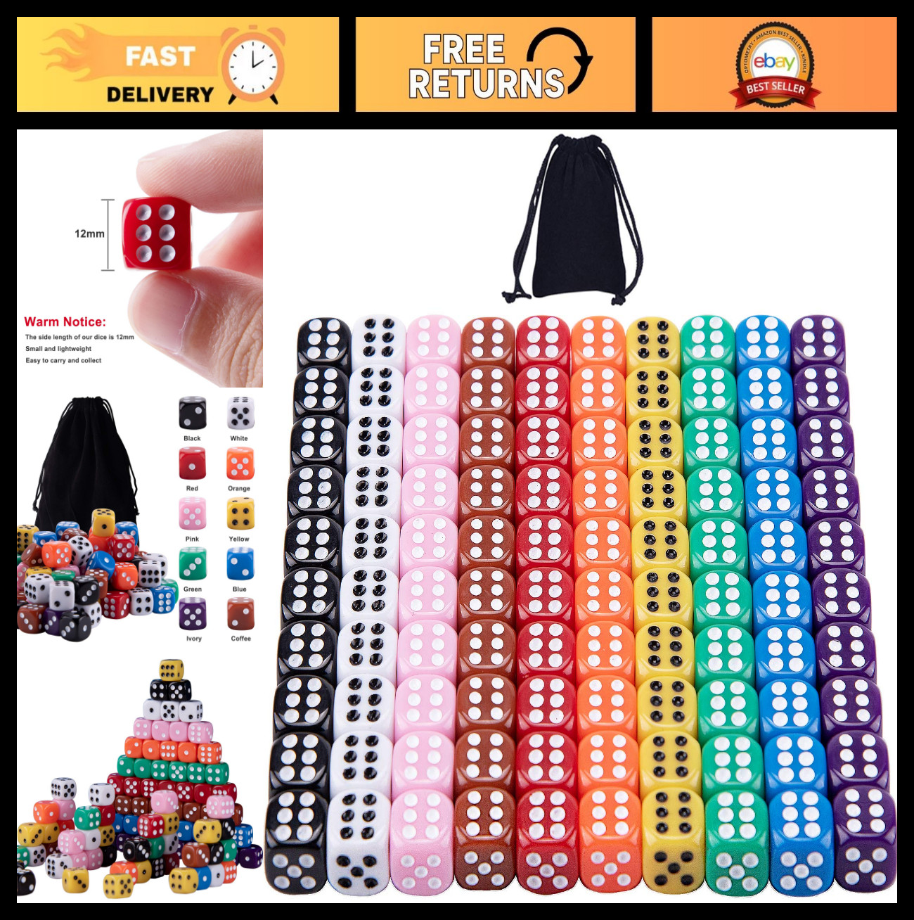 100 Pcs 12mm Game Dice Set – 6-Sided Round Corner Dice for Tenzi, Farkle, Yahtze