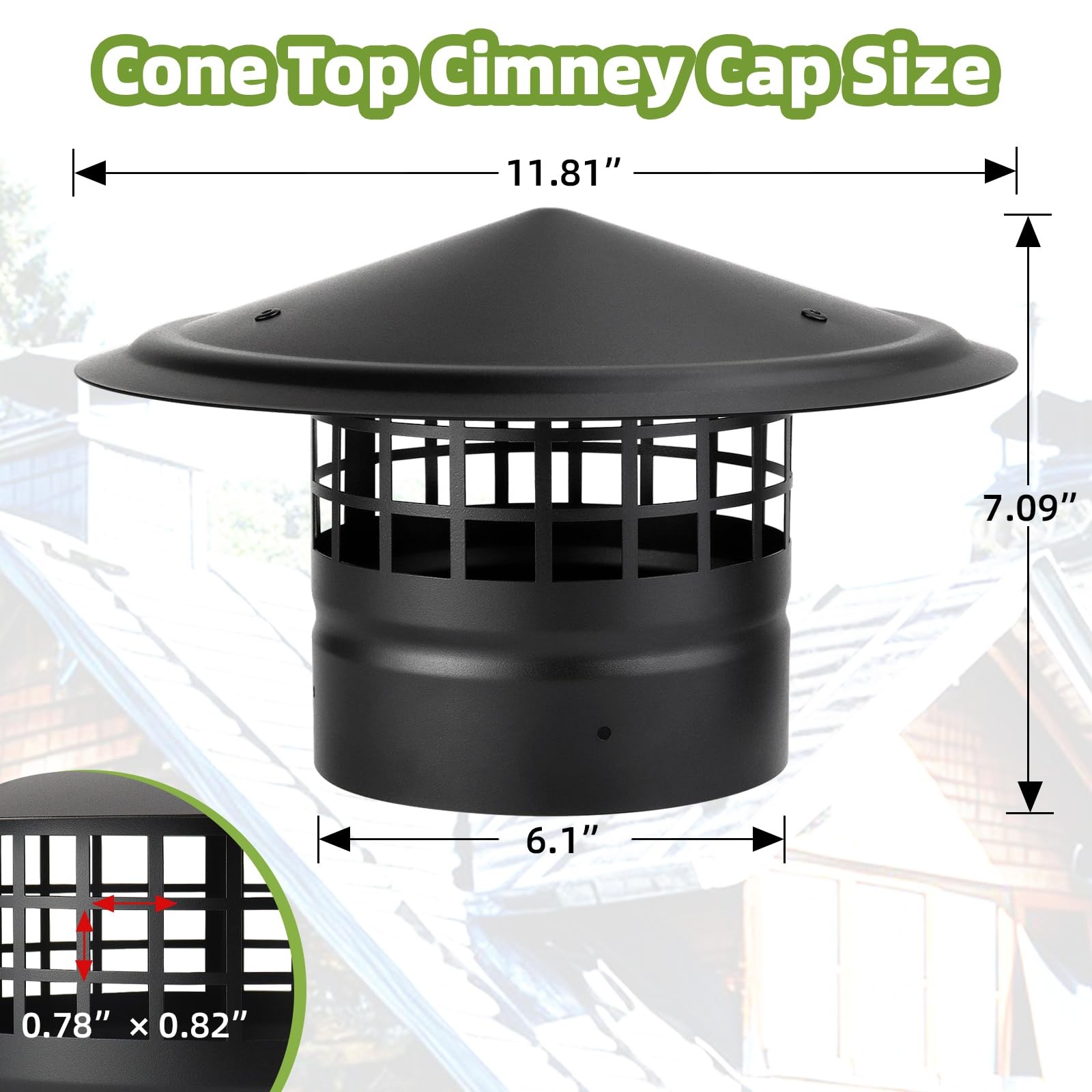 6 Inch Round Chimney Cap,Cone 6 inch Cap-Square Screen, Silver/Black