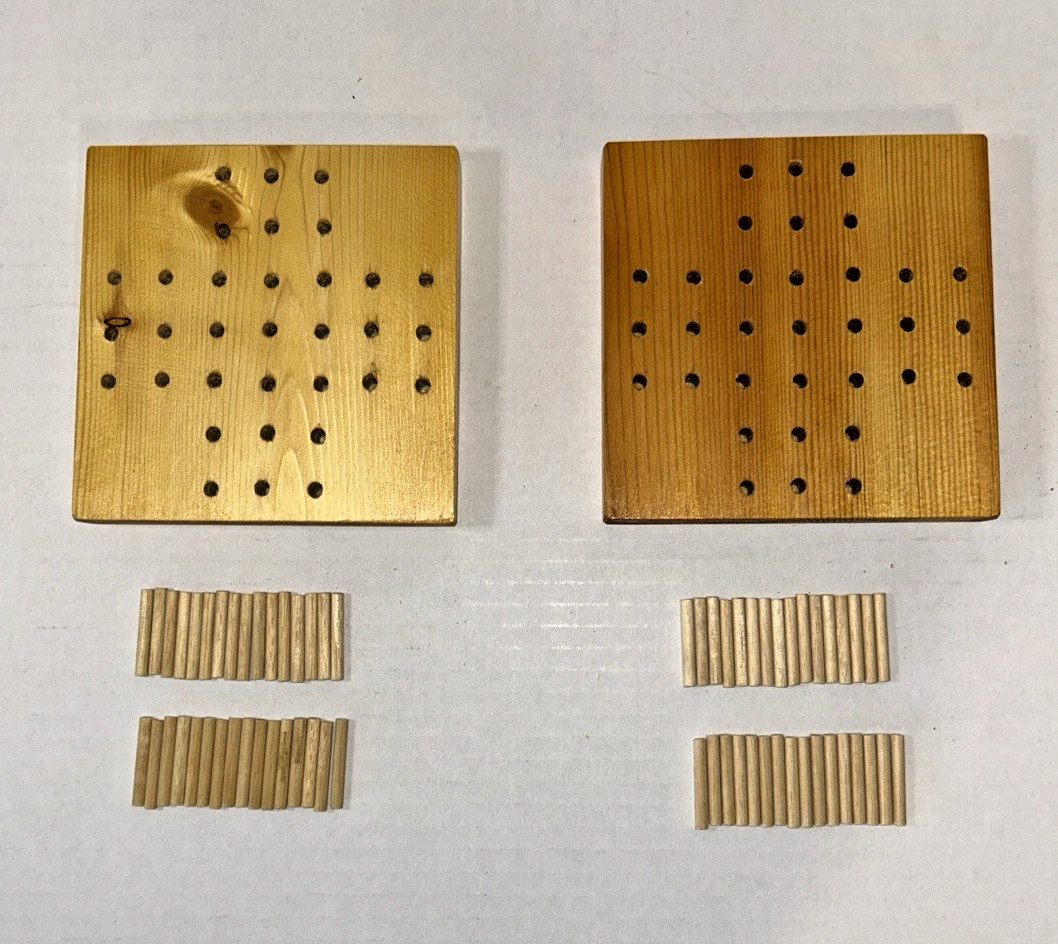 2 Vintage Handmade Wooden Peg Game Boards and 64 Wooden Pegs
