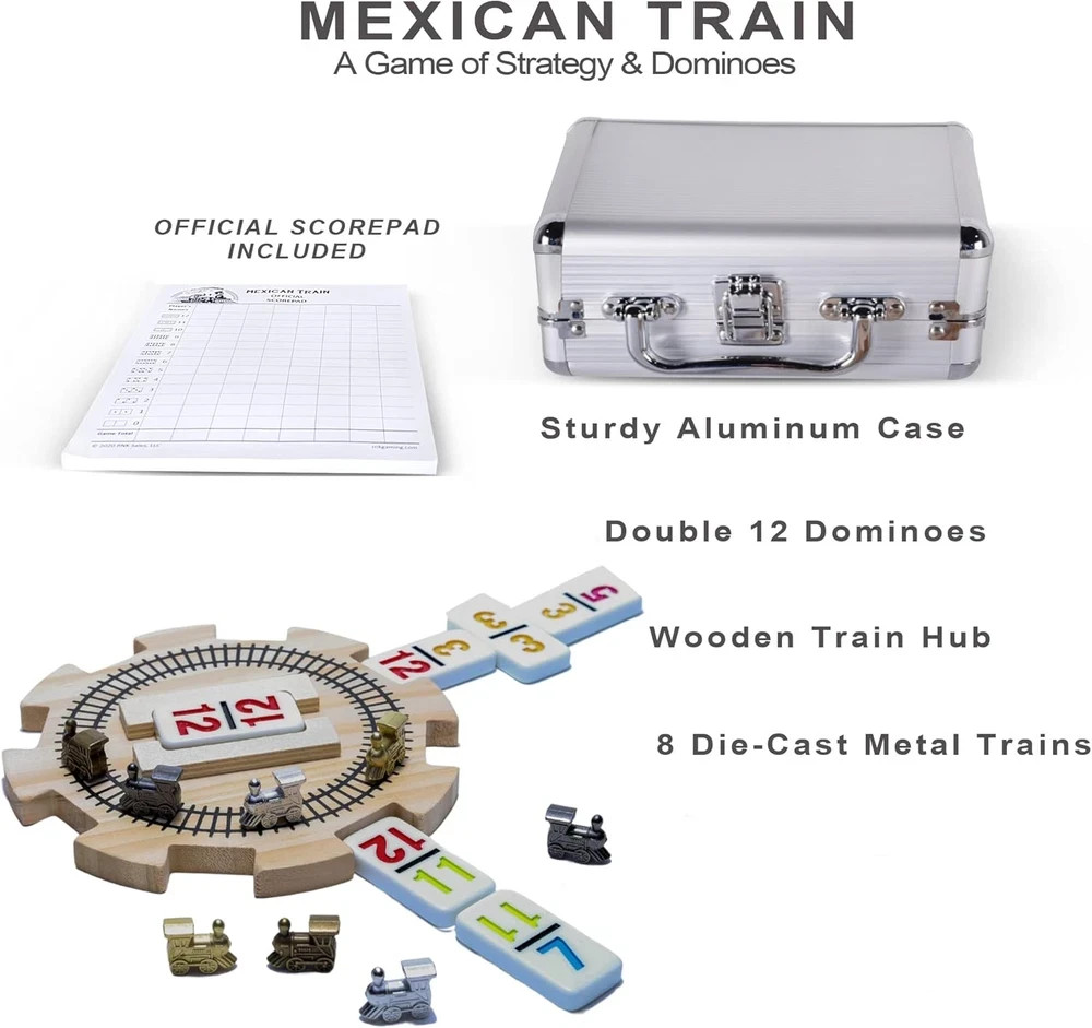 Mexican Train Dominoes Set Double 12 Color with Numbers and Wooden Hub 8 Metal T