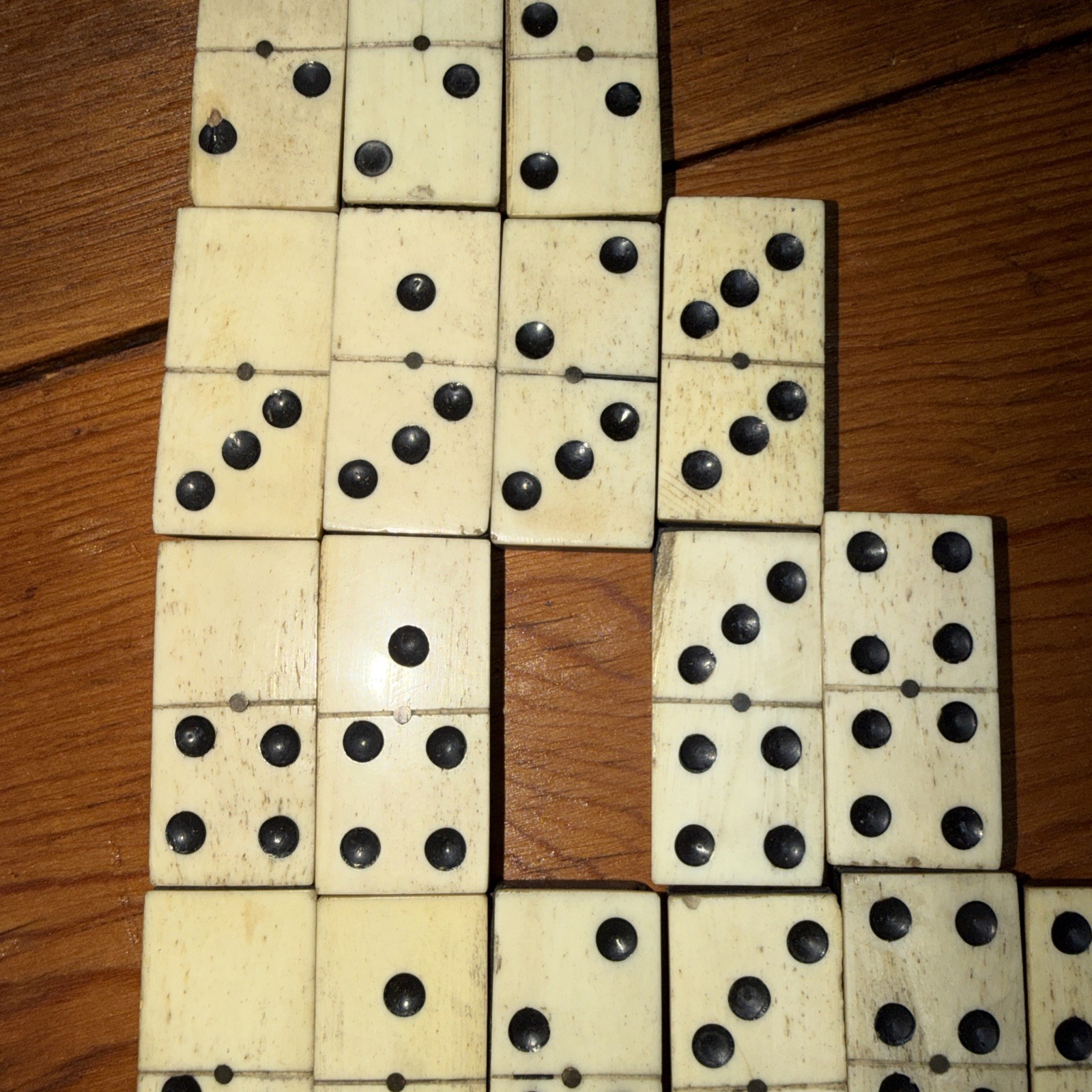 Antique Bone and Ebony Wood Dominos set 26 Dominos, Missing 2/4, 5/6 incomplete