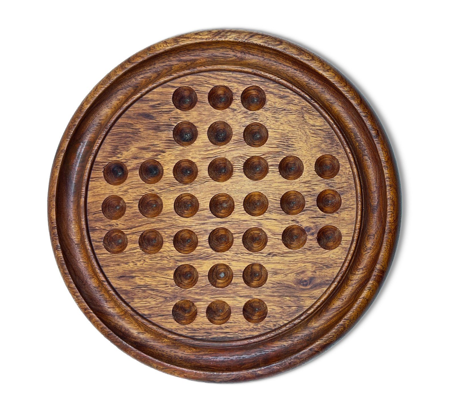Vintage 9″ Round Wooden Marbles Solitaire Board