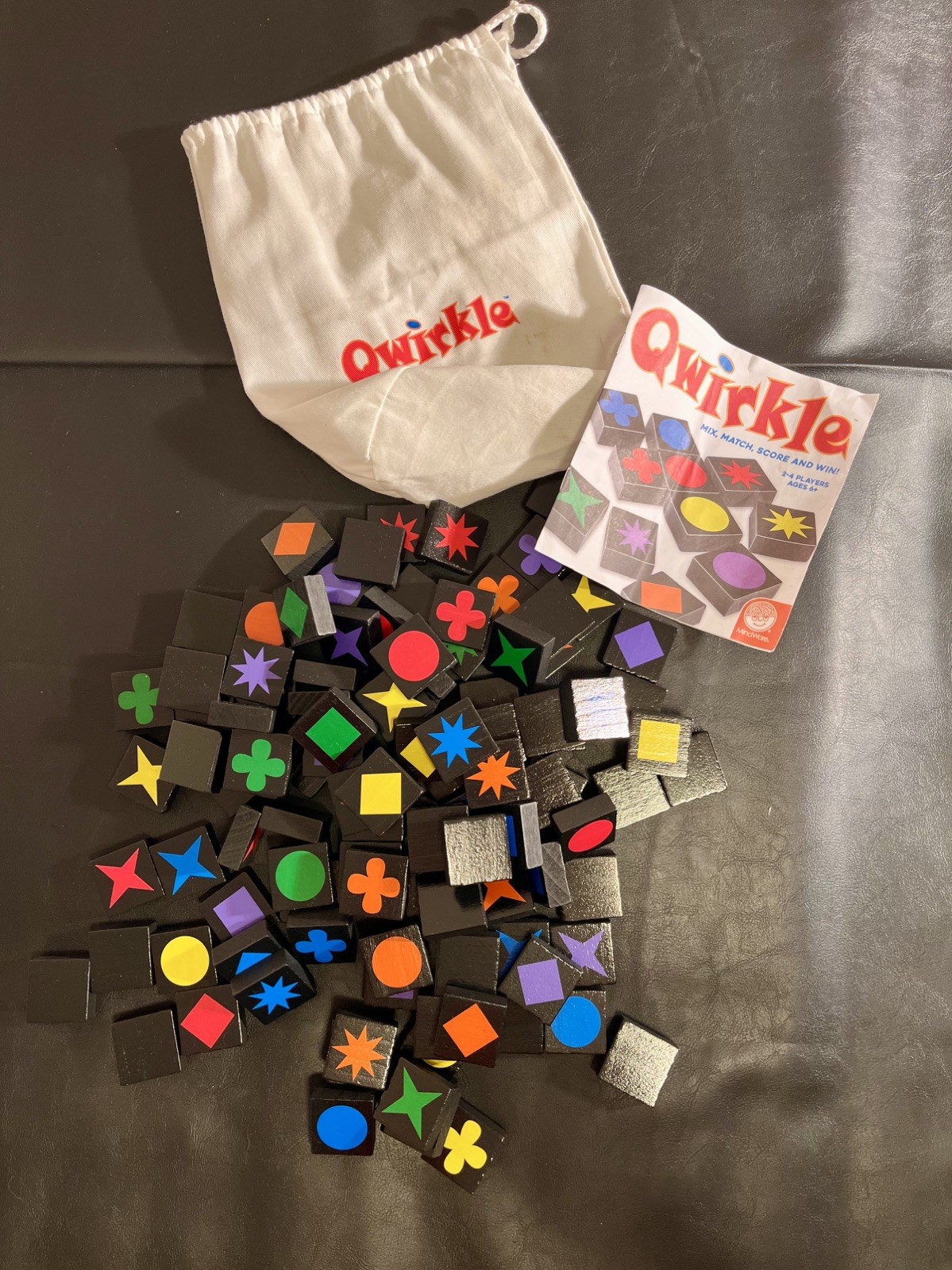MindWare Qwirkle Game 105 Durable Wooden Tiles Drawstring Bag Family