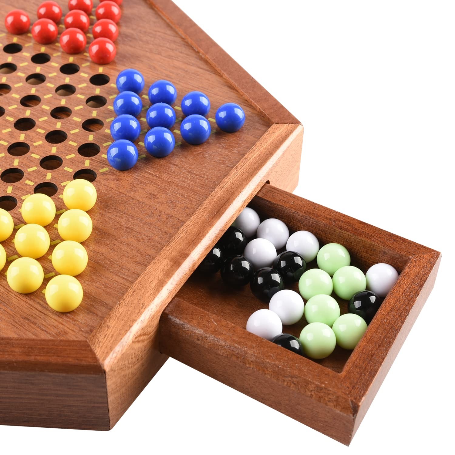 Wooden Chinese Checkers with Drawers 12 Bonus Spare Marbles| Natural Wooden B…
