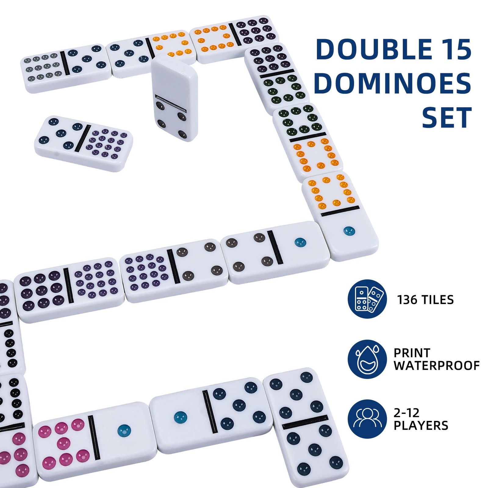 Double 15 Dominoes Set for Adults – Classic 136 Tiles Colored Dots Double Fif…