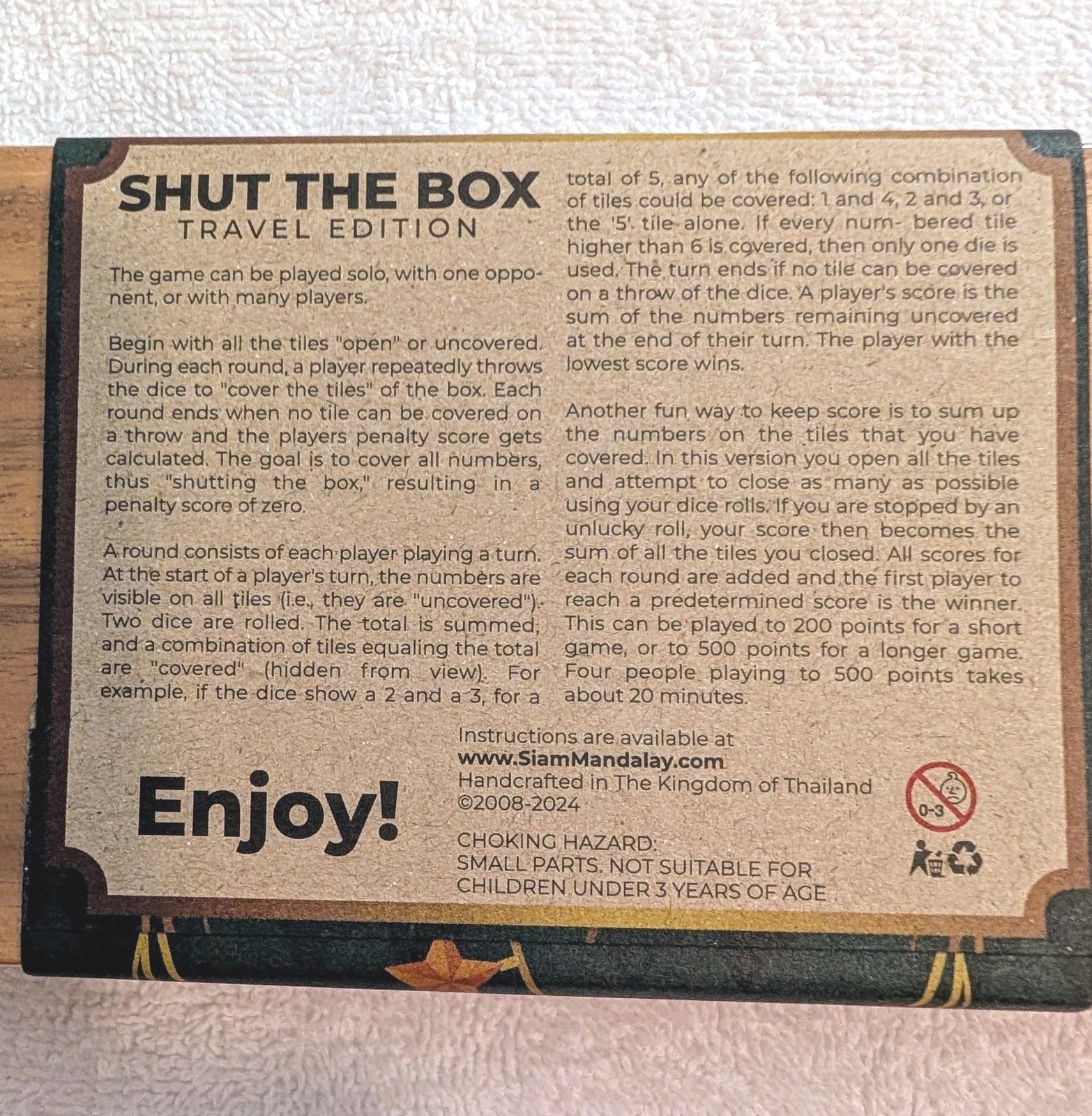 Shut The Box Wooden Travel Edition Game Handcrafted Wood Puzzle Thailand NEW