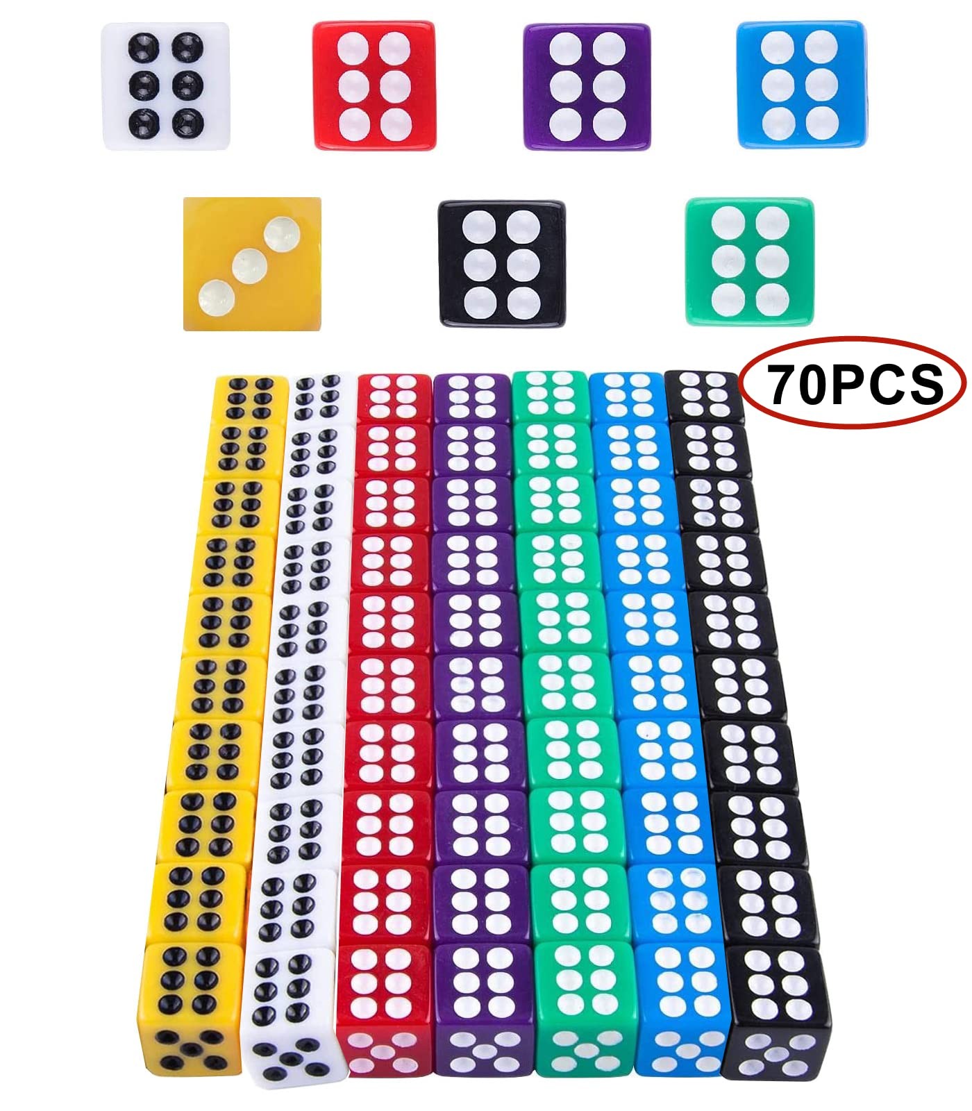 70 Piece Dice Colorful Set 6 Sided 7 Colors, 70 Piece Dice 12mm Colorful, 6 Side…