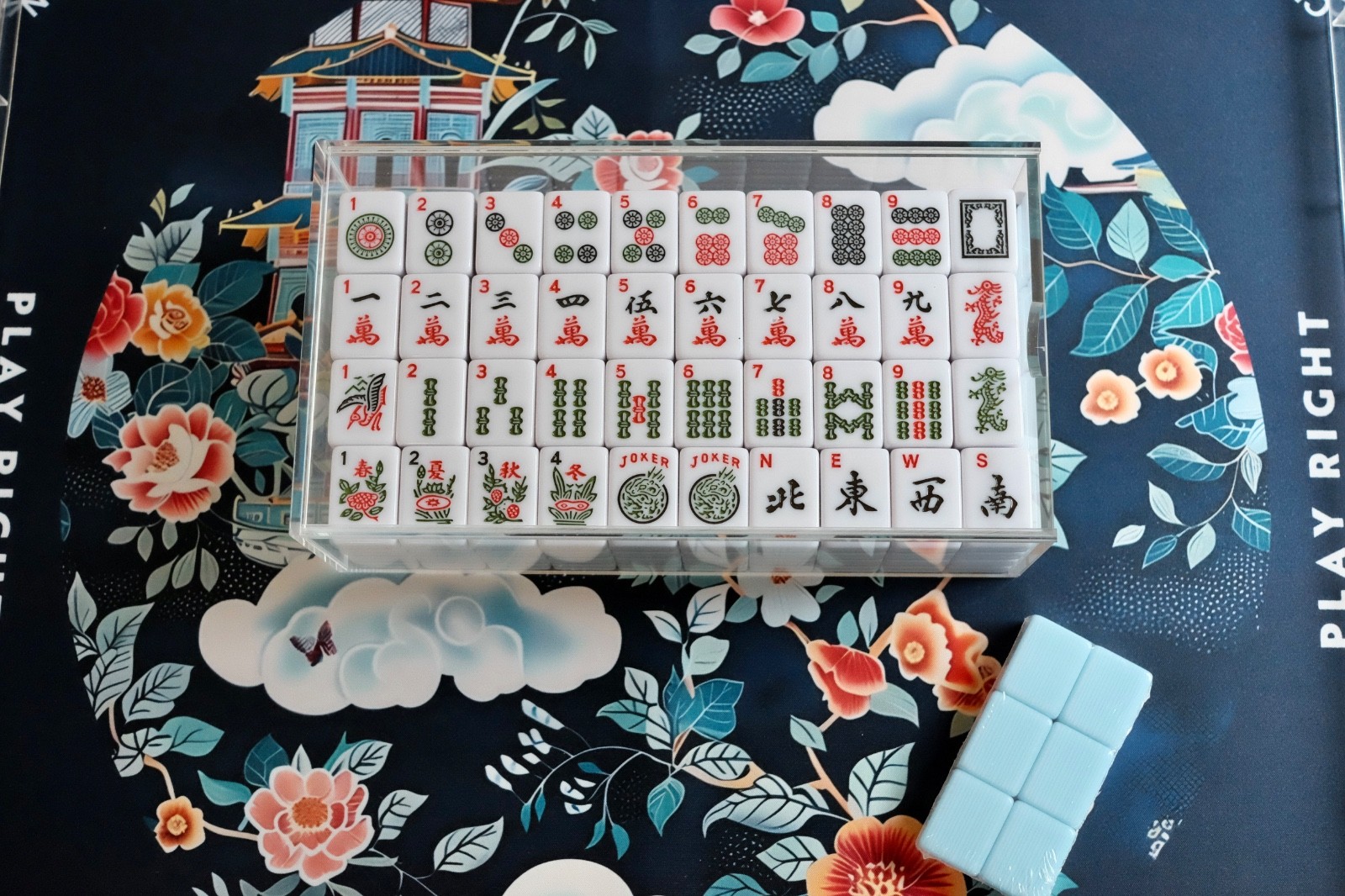 NEW! Mahjong 4 pc Starter Bundle- Tiles, Acrylic Box, Pagoda Mat & Acrylic Racks