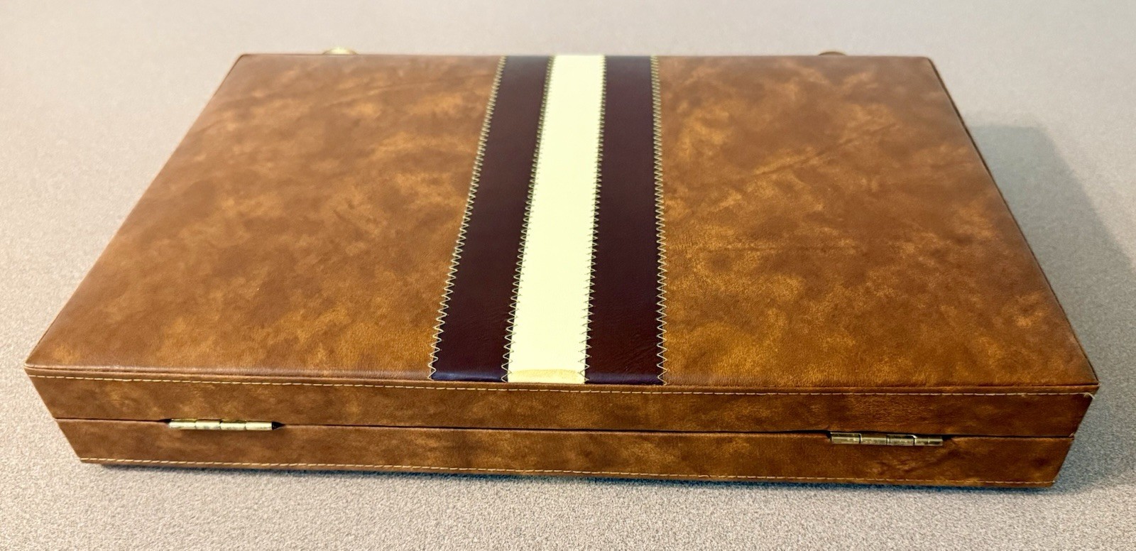 VTG Backgammon Briefcase Game Set Brown Faux Leather Racing Stripe Complete