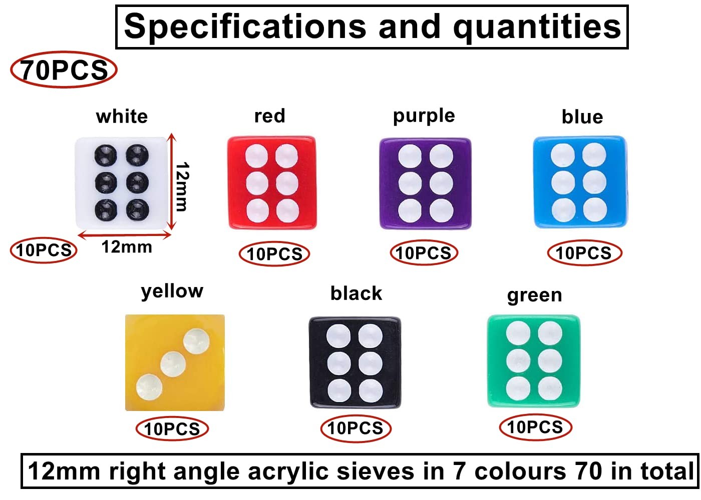 70 Piece Dice Colorful Set 6 Sided 7 Colors, 70 Piece Dice 12mm Colorful, 6 Side…