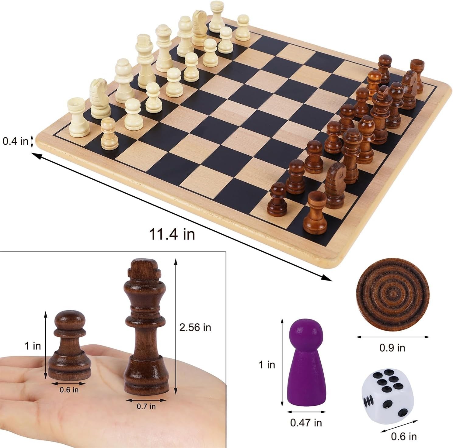 5-in-1 Wooden Board Game with 2 Reversible Boards for Chess, Checkers, Chines…