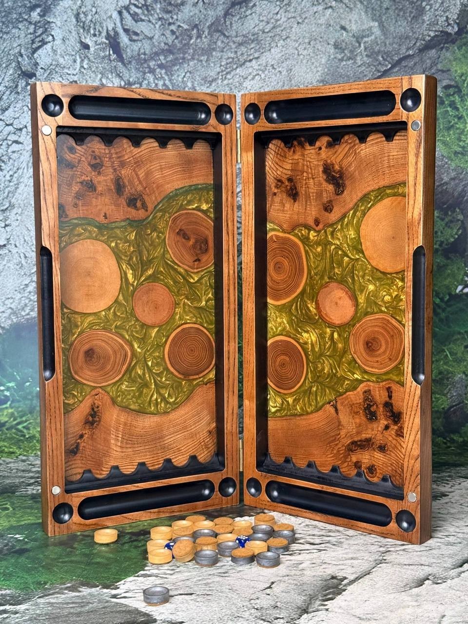Handmade Wood Epoxy Resin Backgammon Board | Natural Grain Game Set 50×50 cm