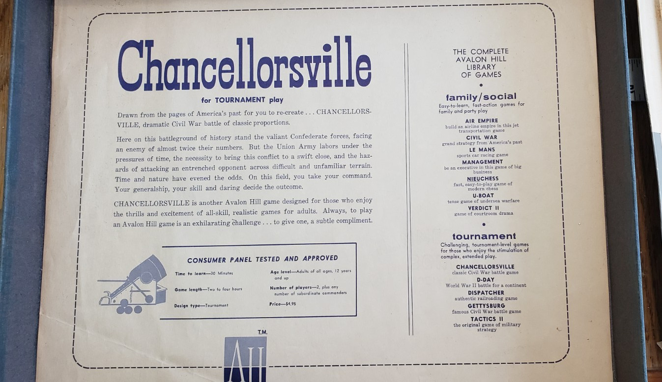 CHANCELLORSVILLE Civil War Battle Board Game, by Avalon Hill, 1961 1st Edition