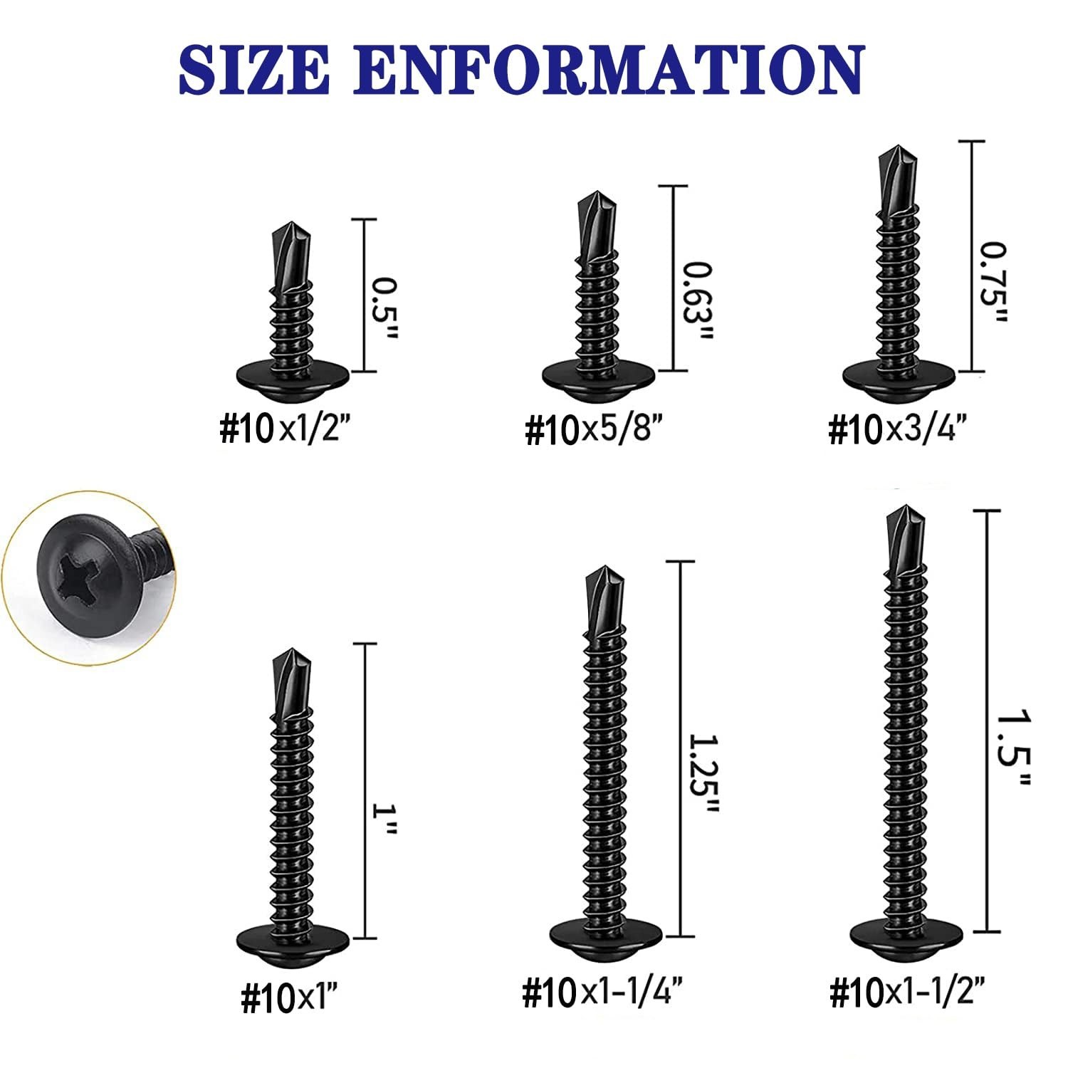 100PCS #10×5/8 Black Crosshead 410 Stainless Steel Self-Drilling Screws Modif…