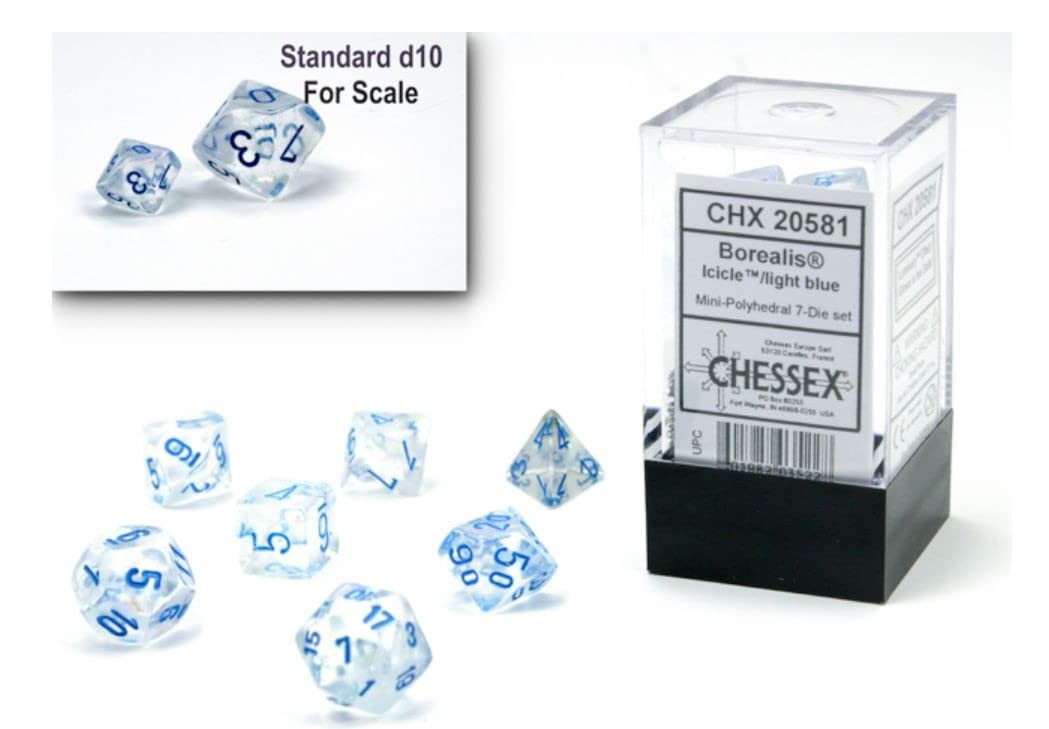 Chessex Dice Set – 10mm Borealis Light Blue Luminary Polyhedral Dice Set – Dunge