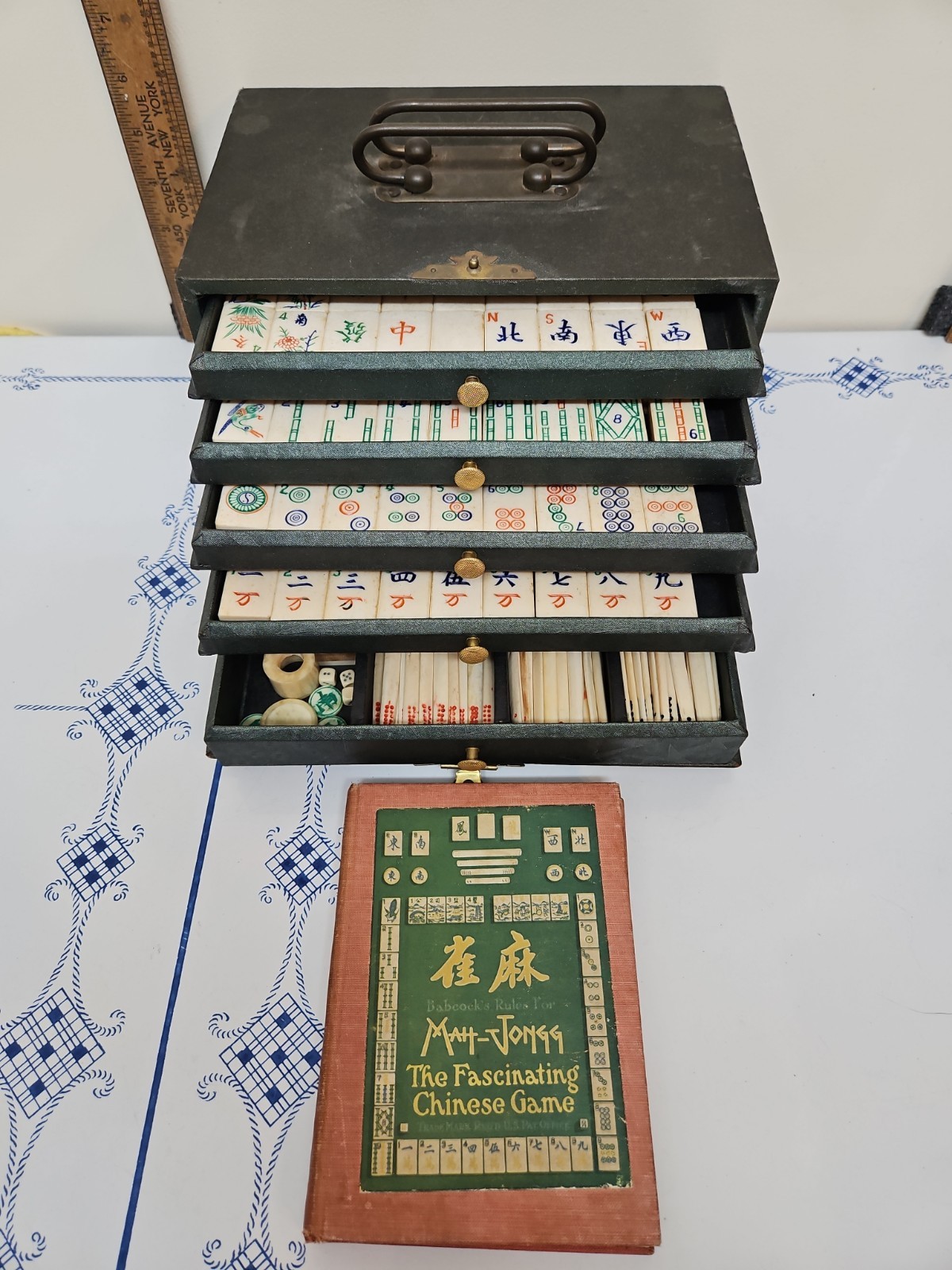 MAHJONG SET. With Beautiful Bone and Bamboo Tiles in Ornate Case W/Book Antique