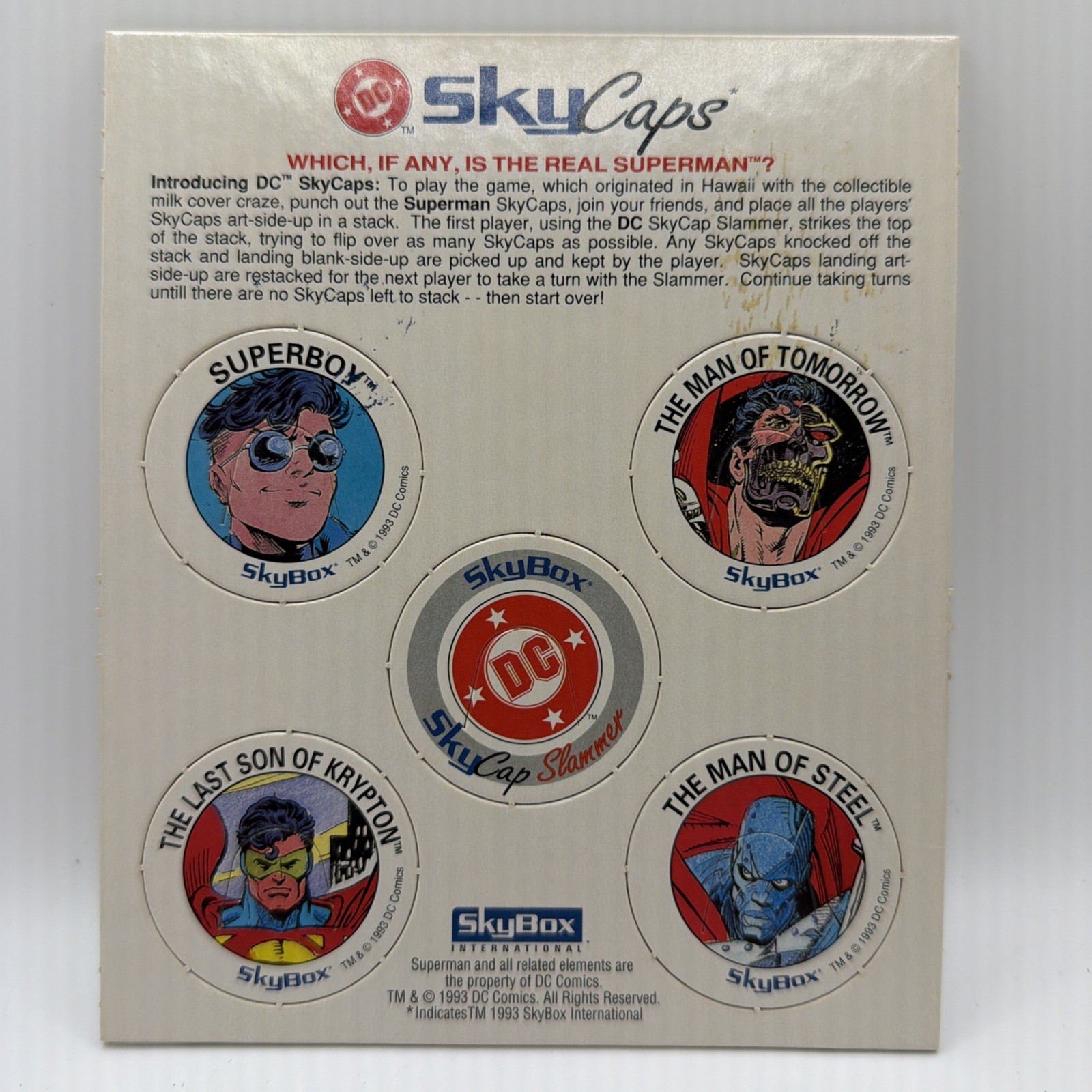 1993 Skybox SkyCaps DC Comics Promo Sheet | Superman UNPUNCHED POGS See Pics