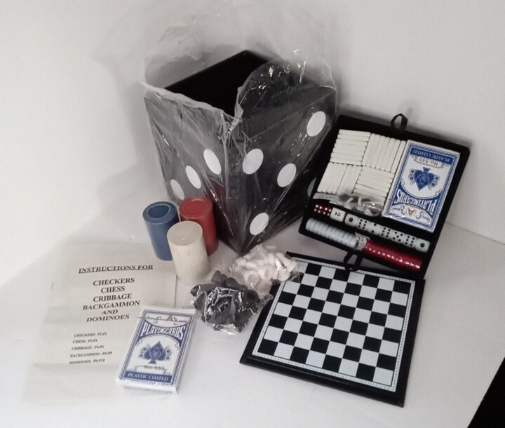 6 In 1 Game Cube Checkers, Chess, Backgammon, Dominoes, Dice, Cards, Poker Chips