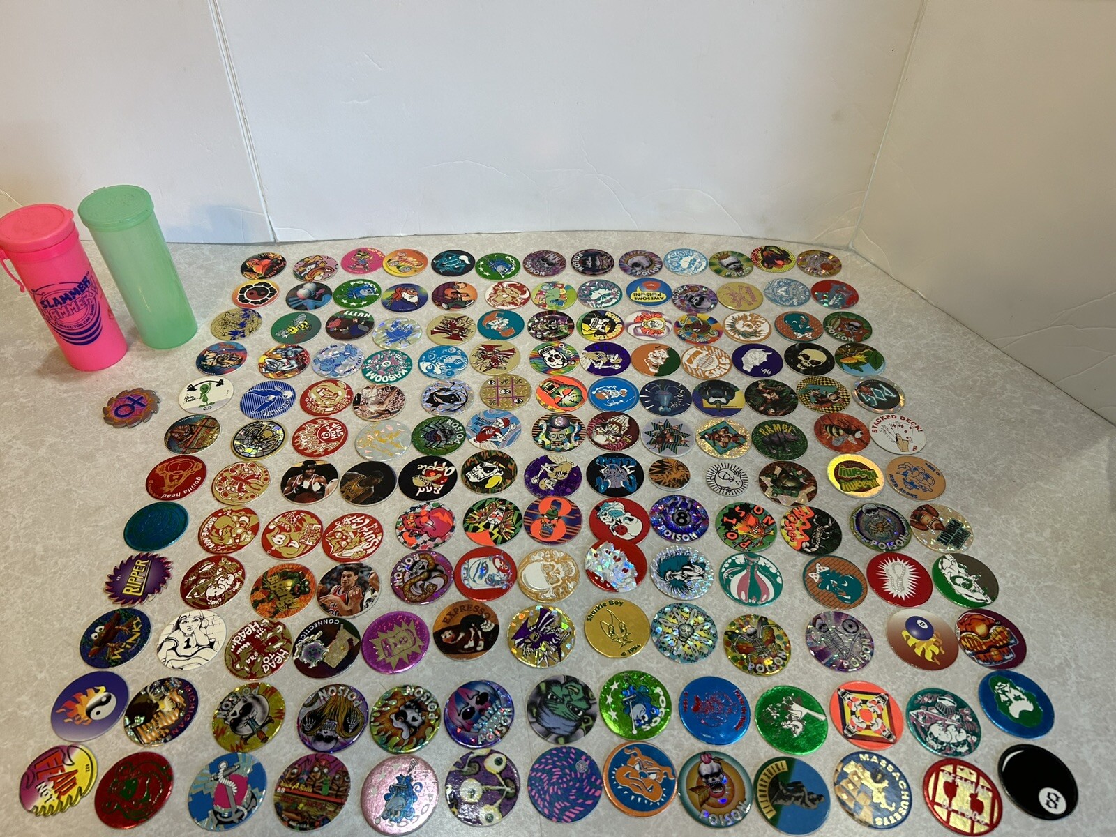 Pog Lot. 156 Pogs. Vintage 90s. 1 Slammer. 2 Plastic Containers